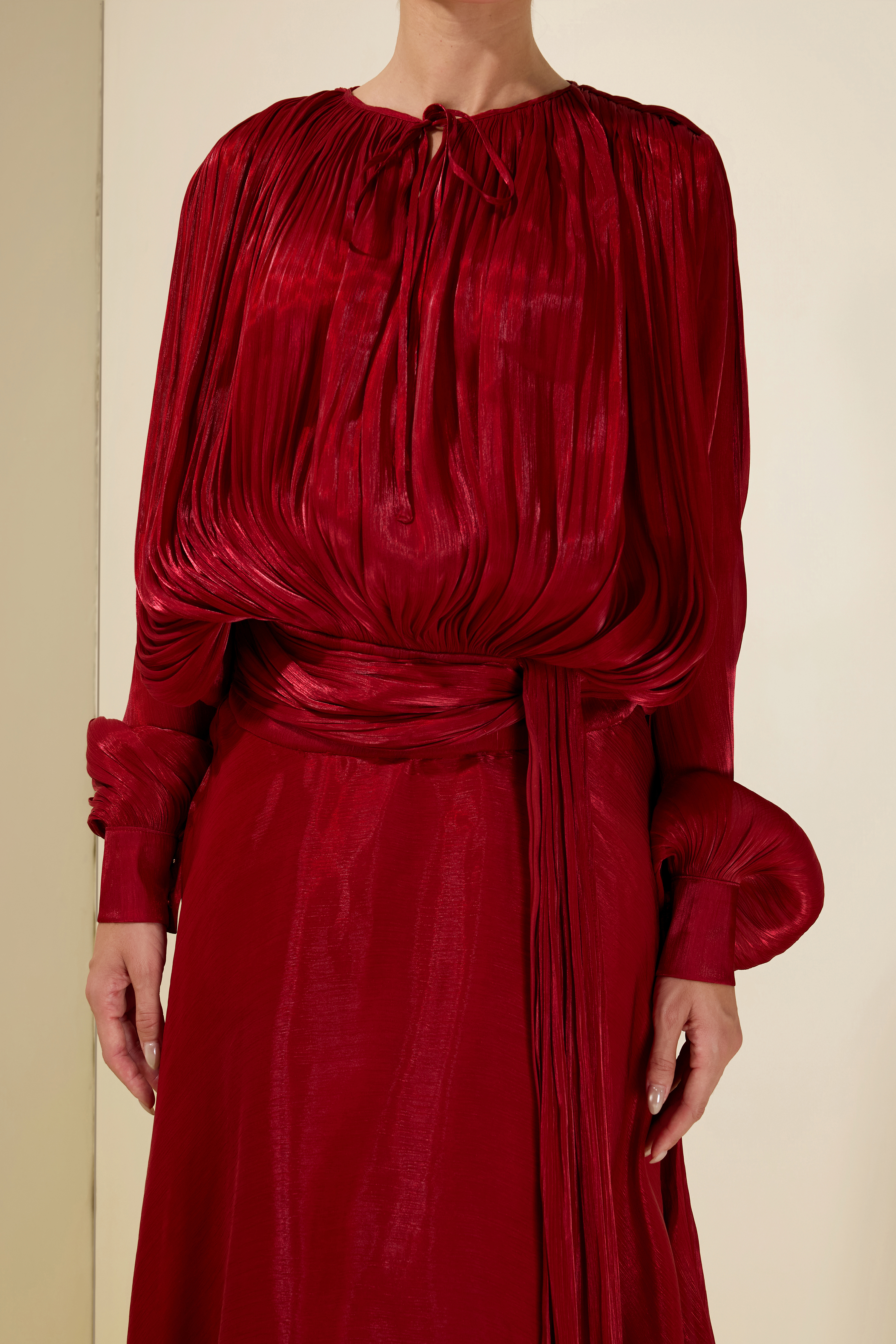 Gathering Long Sleeve Irregular Ruffle Midi Dress