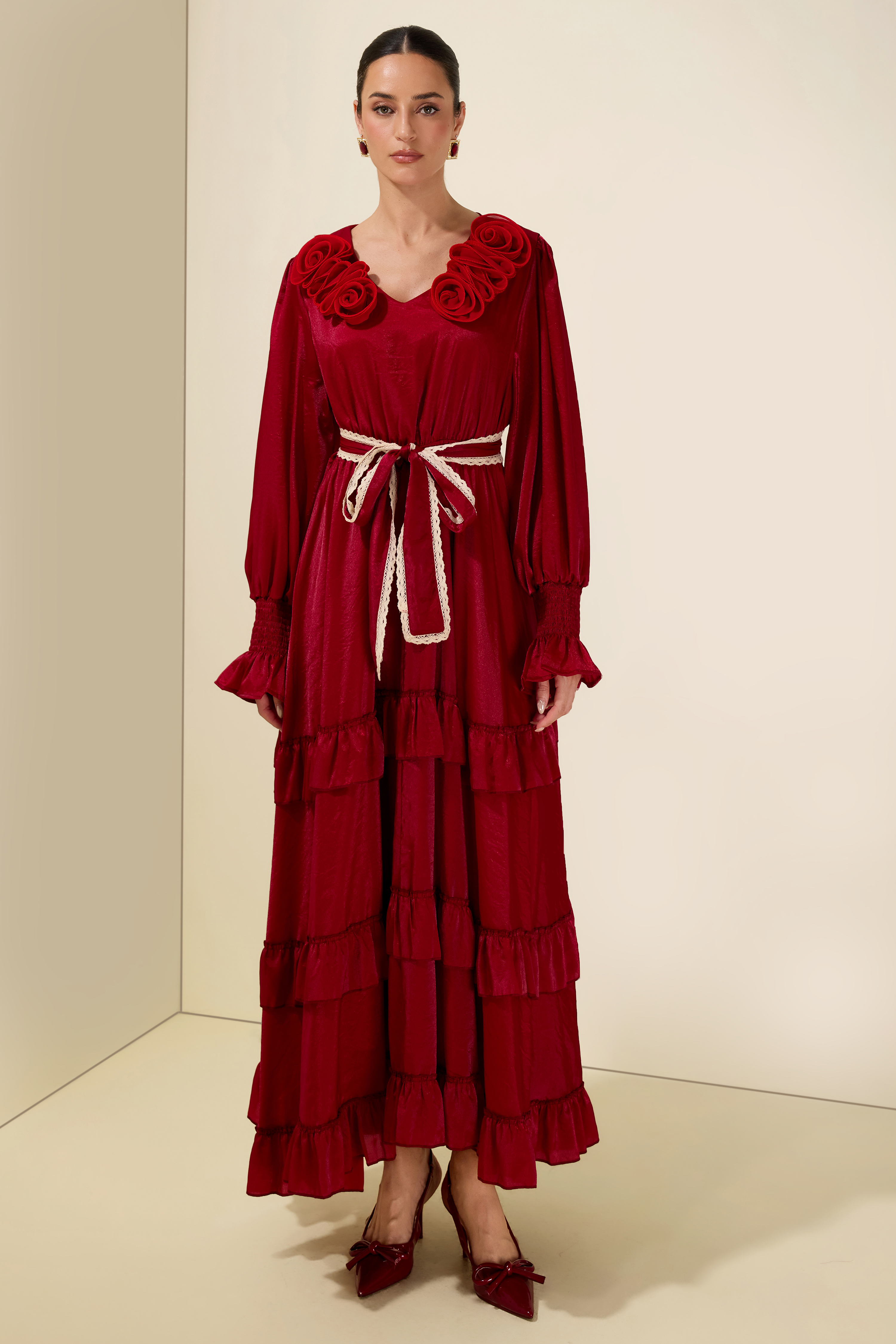 3D Flower V Neck Ruffle Midi Dress