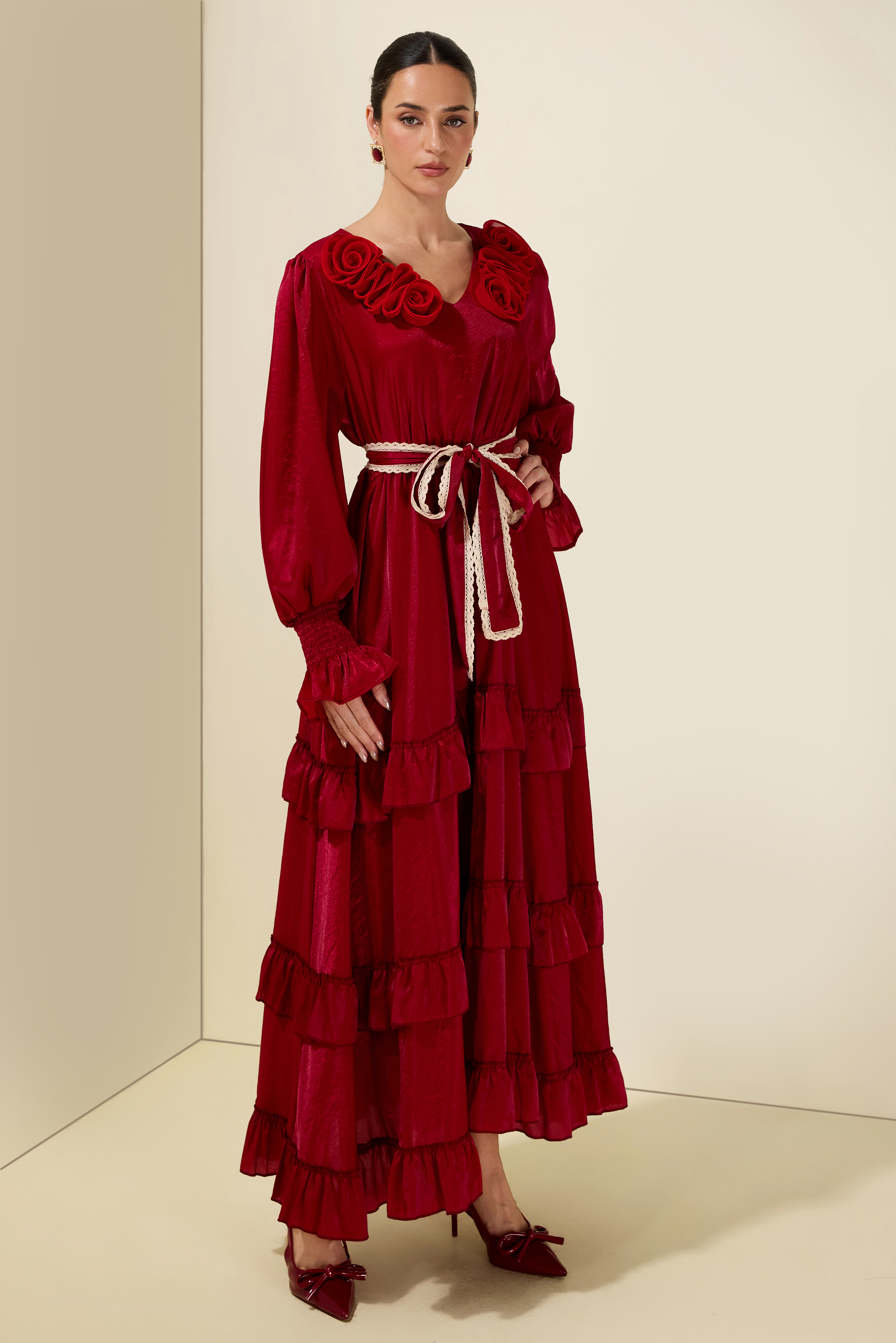 3D Flower V Neck Ruffle Midi Dress