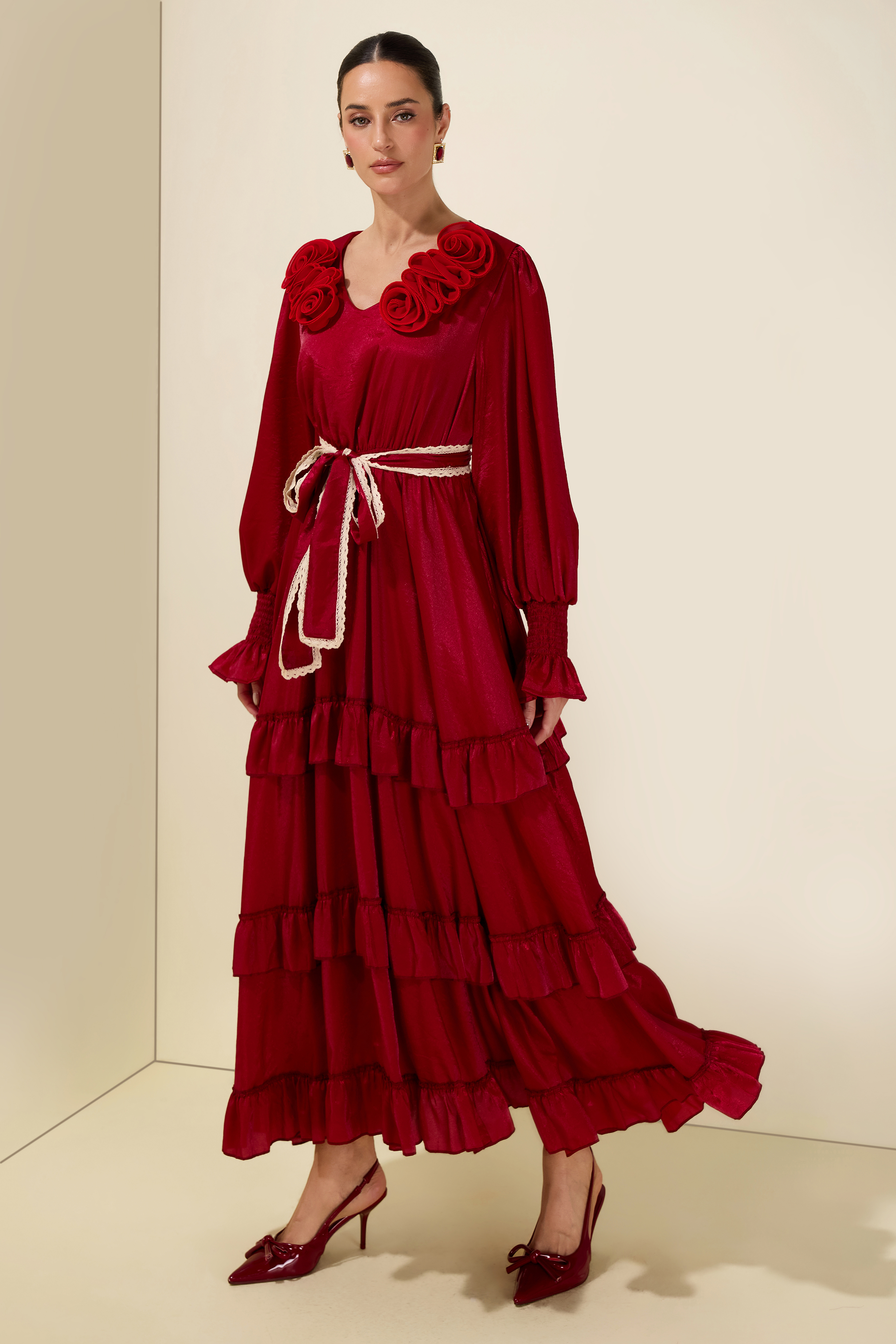 3D Flower V Neck Ruffle Midi Dress