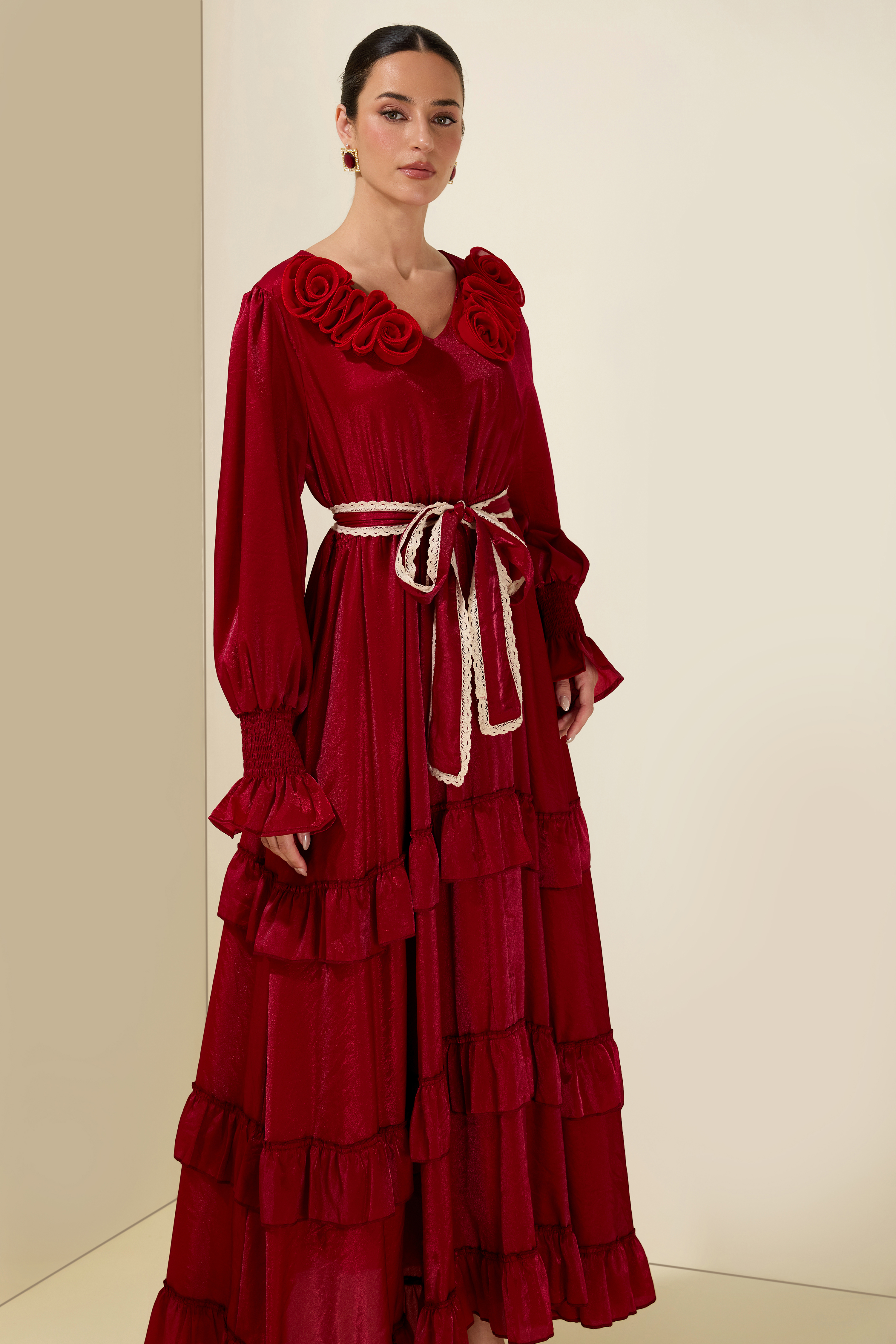 3D Flower V Neck Ruffle Midi Dress
