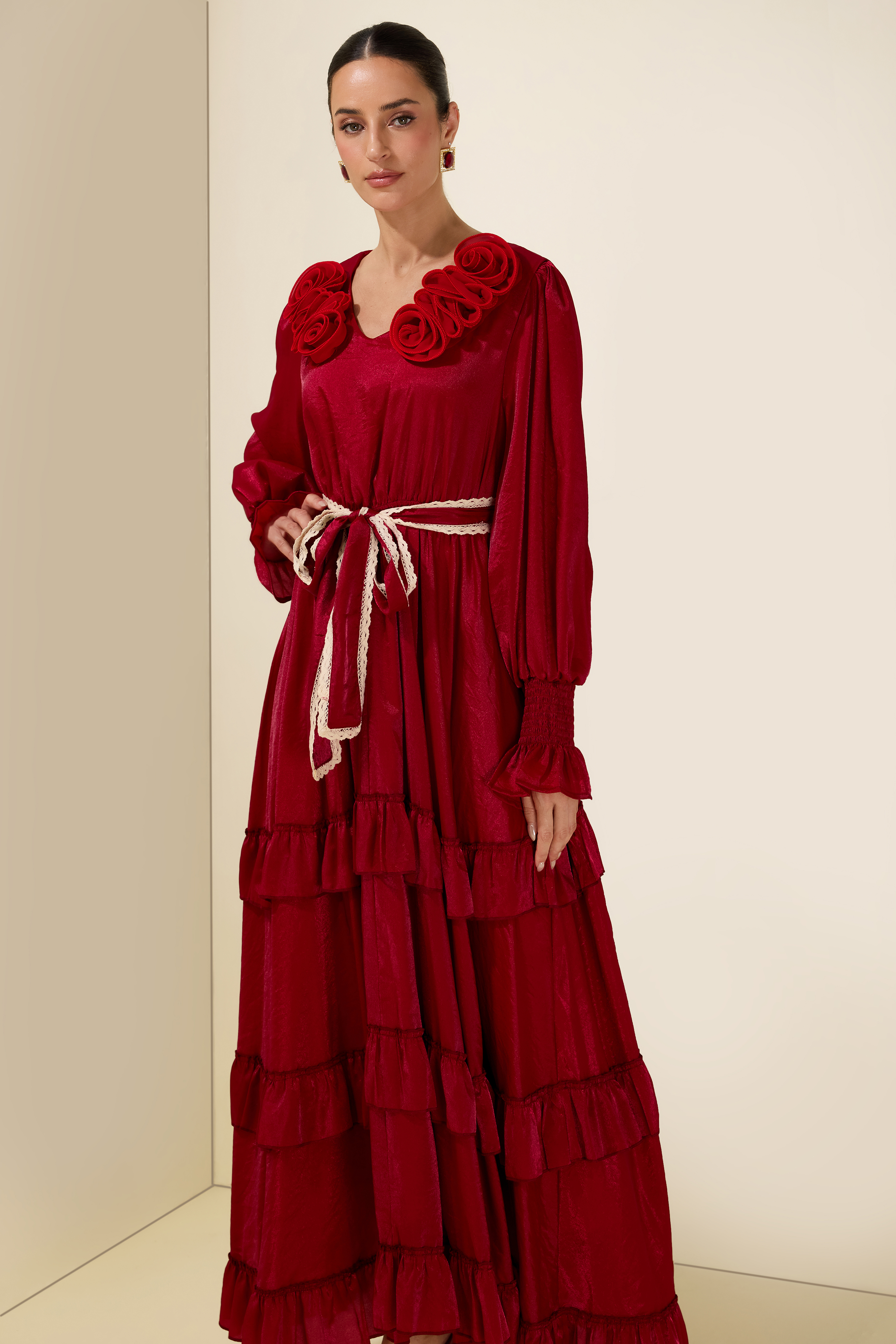 3D Flower V Neck Ruffle Midi Dress