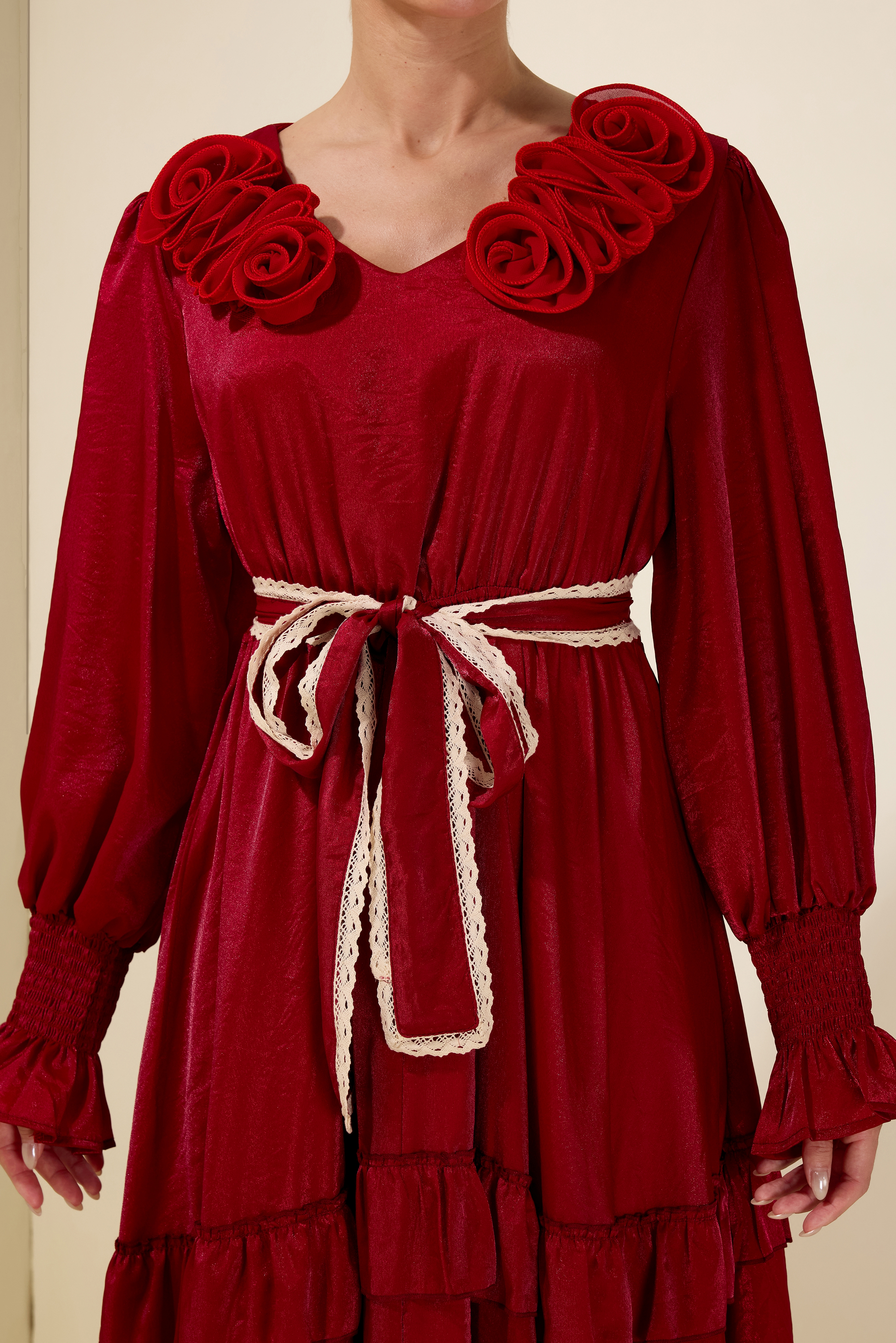 3D Flower V Neck Ruffle Midi Dress
