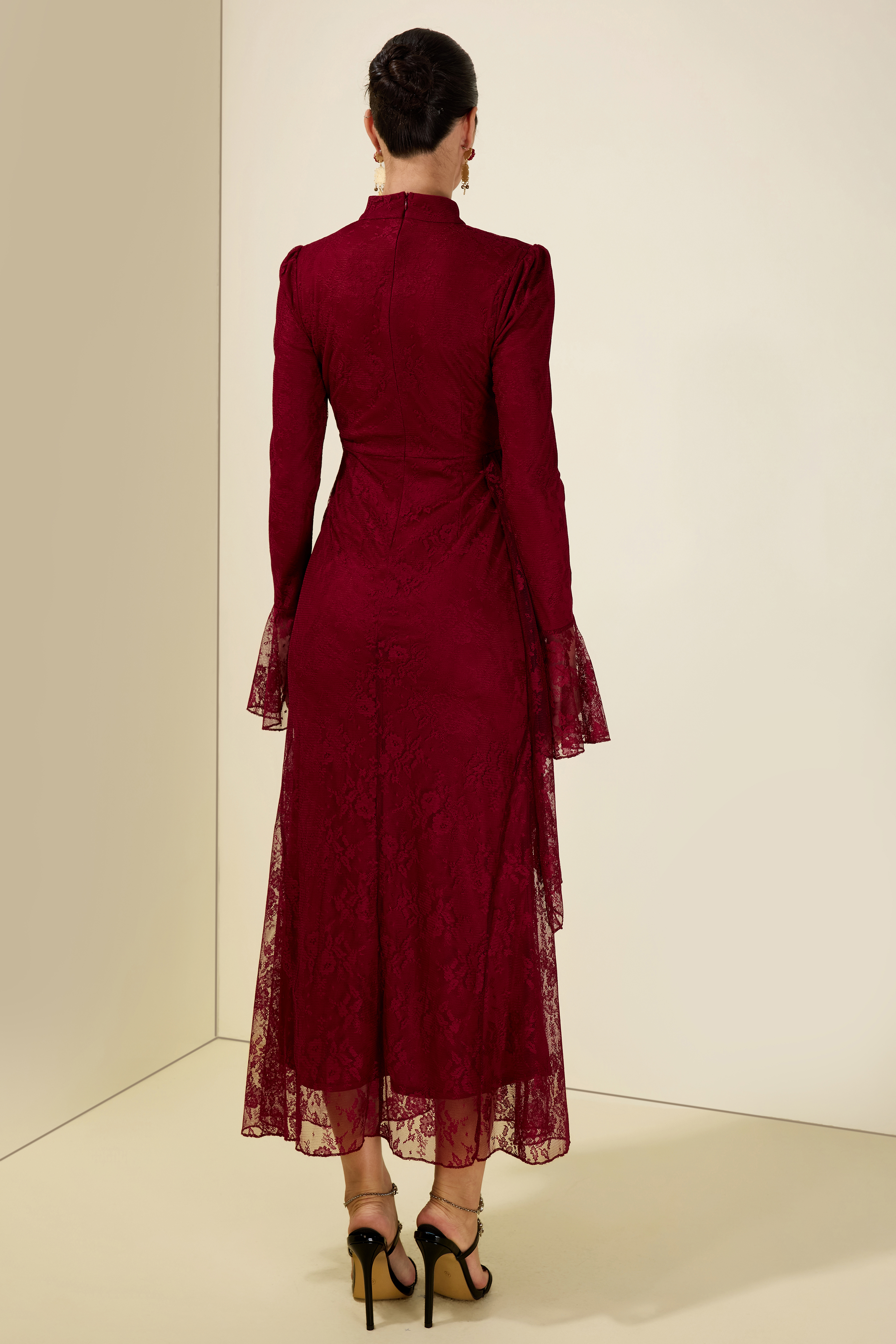 Lace Ruched Bell Sleeve Midi Dress