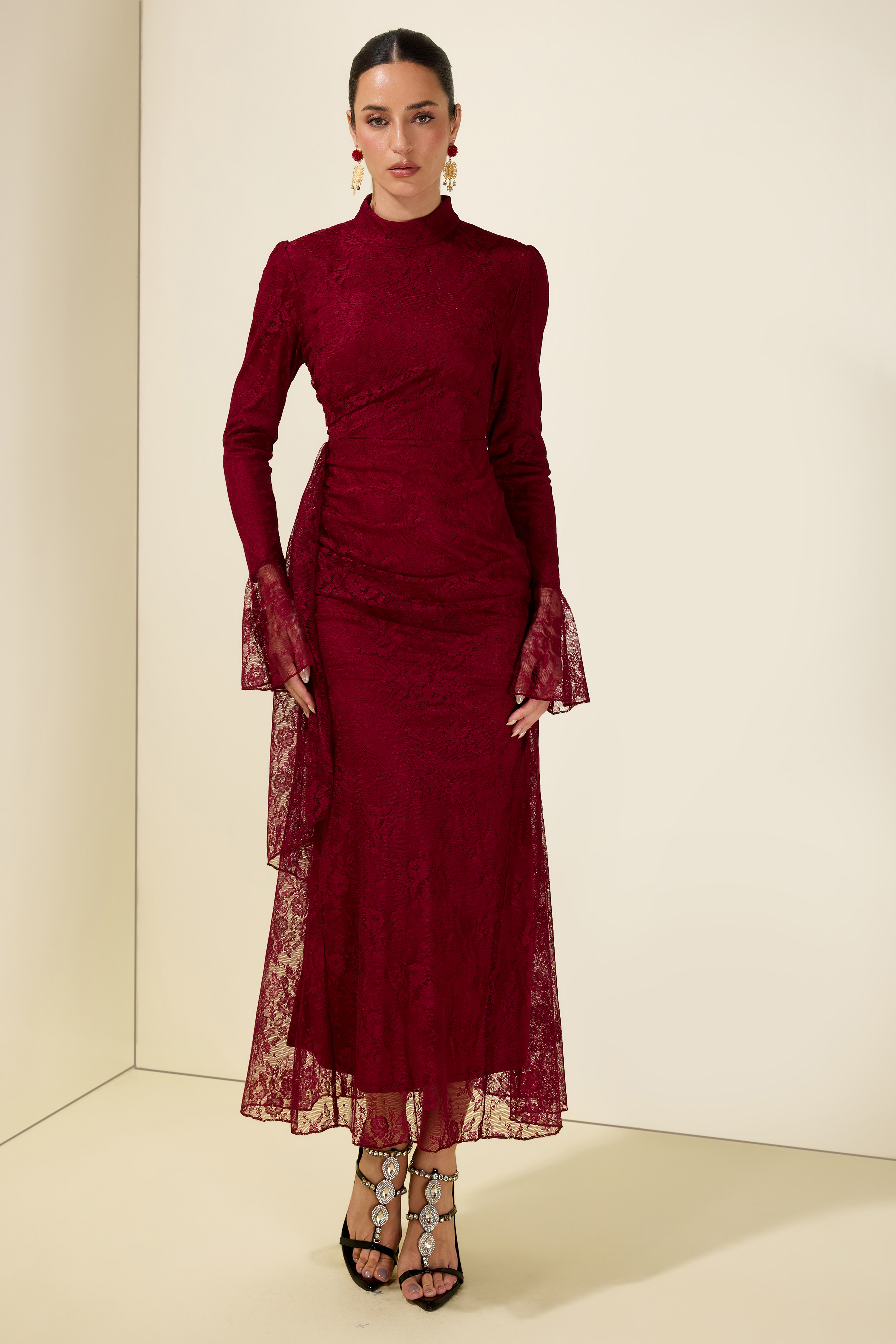 Lace Ruched Bell Sleeve Midi Dress