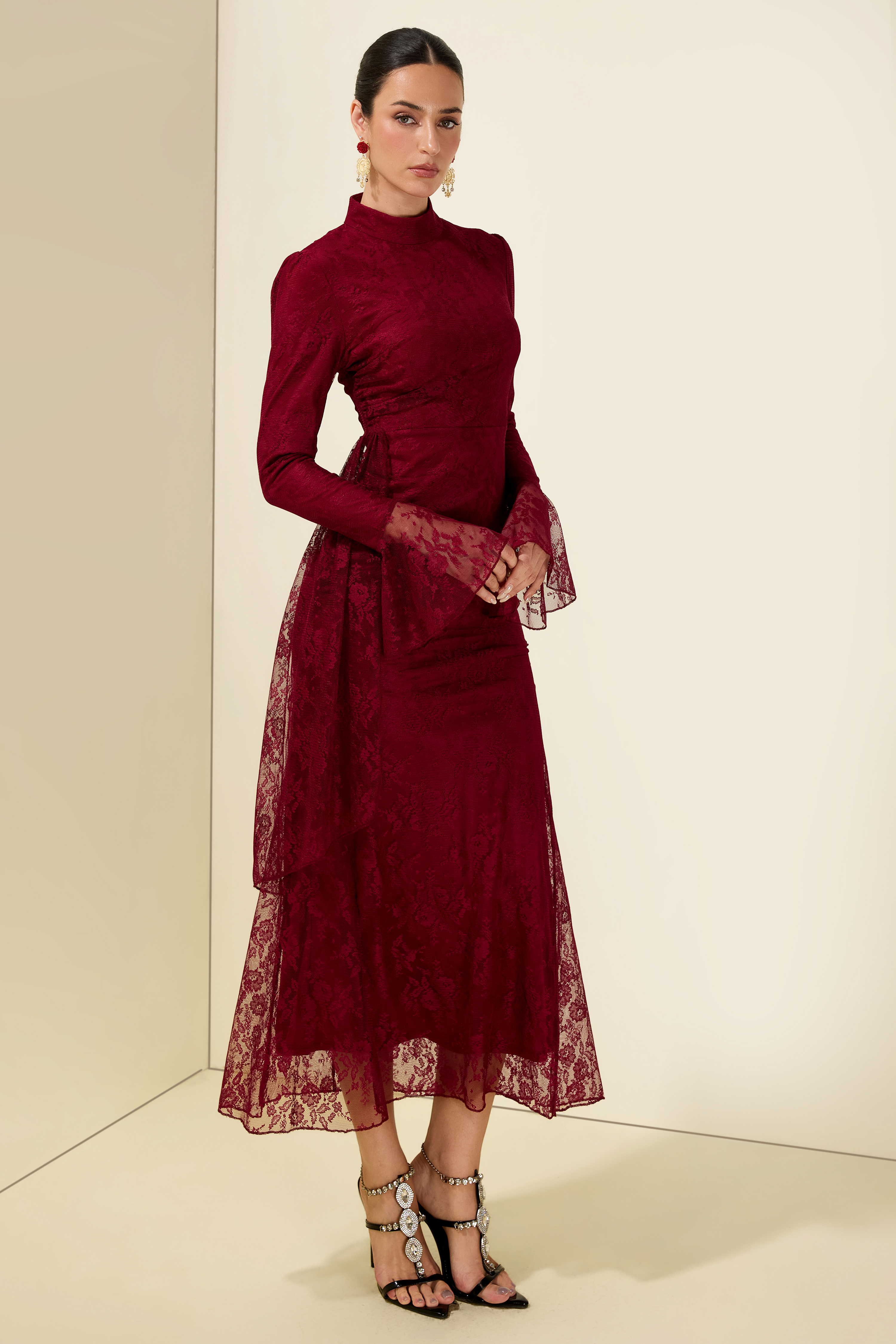 Lace Ruched Bell Sleeve Midi Dress