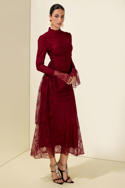 Lace Ruched Bell Sleeve Midi Dress