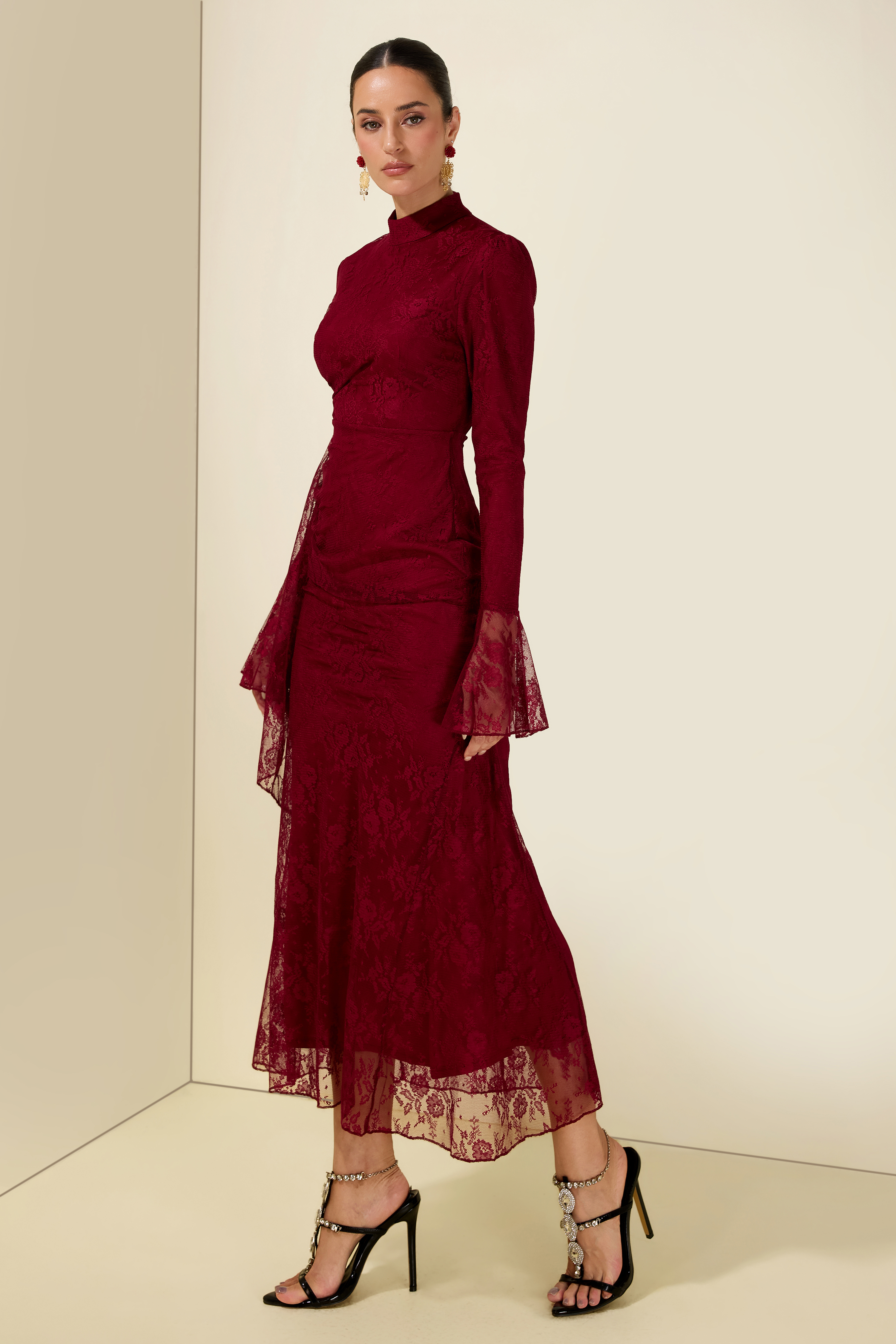 Lace Ruched Bell Sleeve Midi Dress