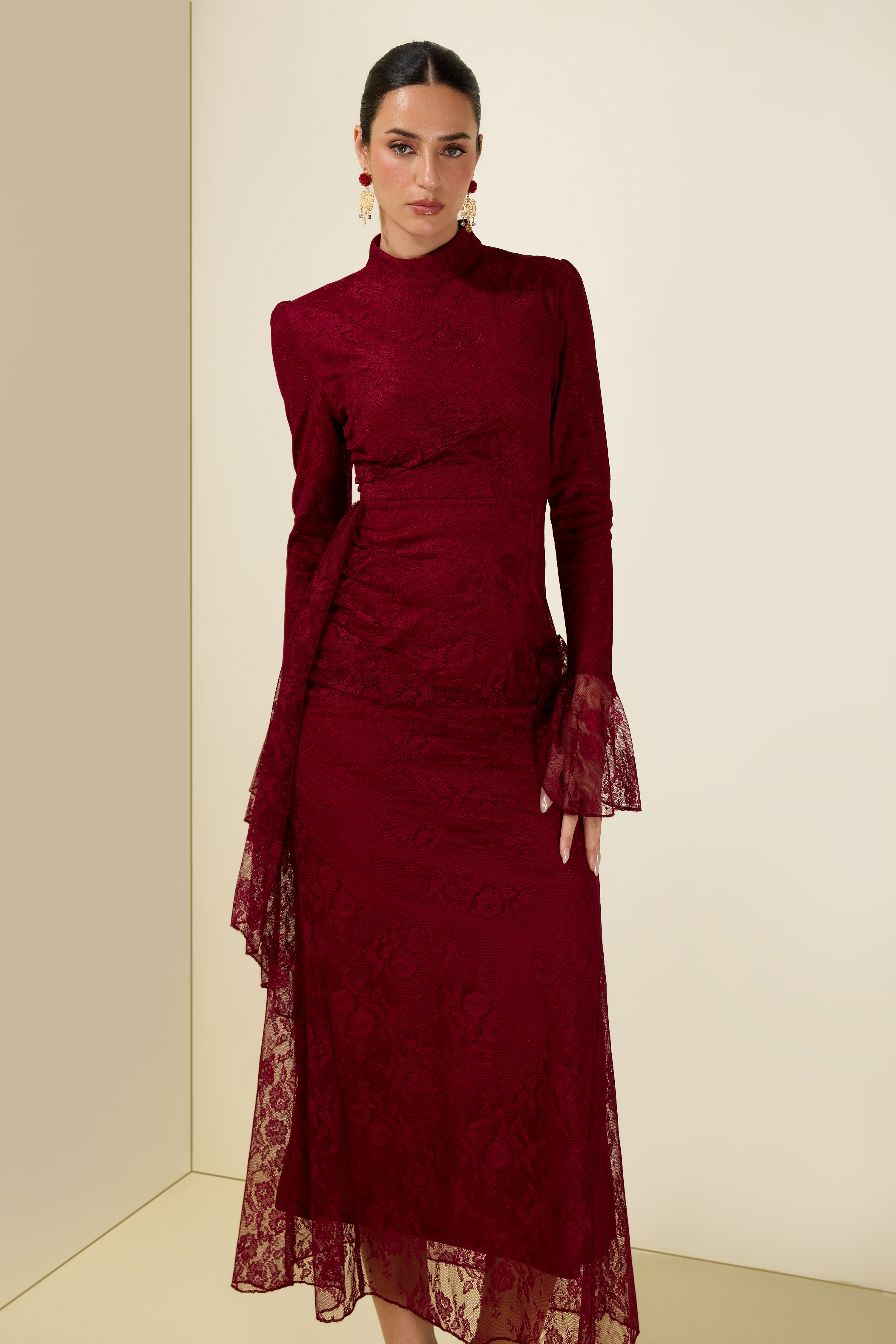 Lace Ruched Bell Sleeve Midi Dress