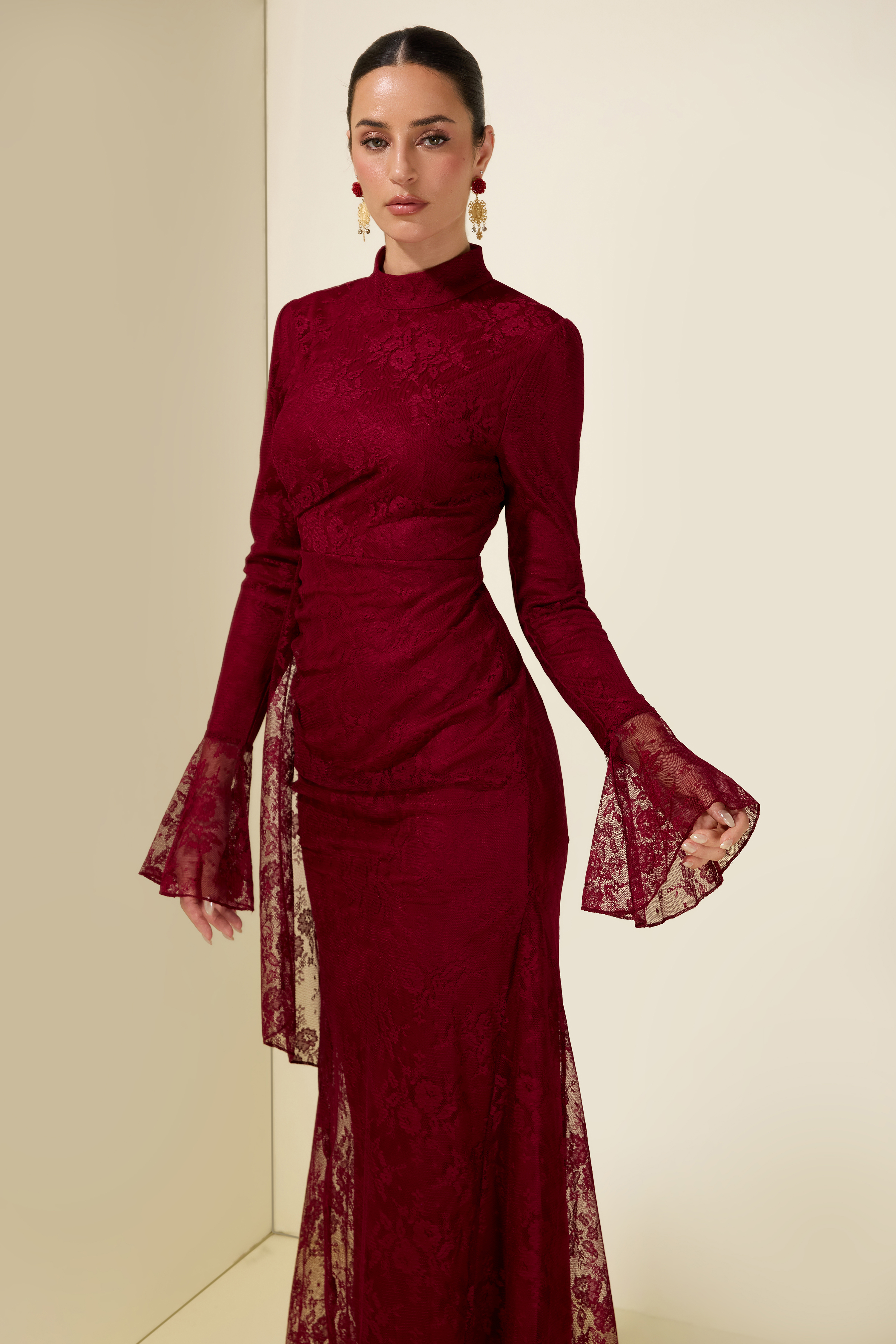 Lace Ruched Bell Sleeve Midi Dress