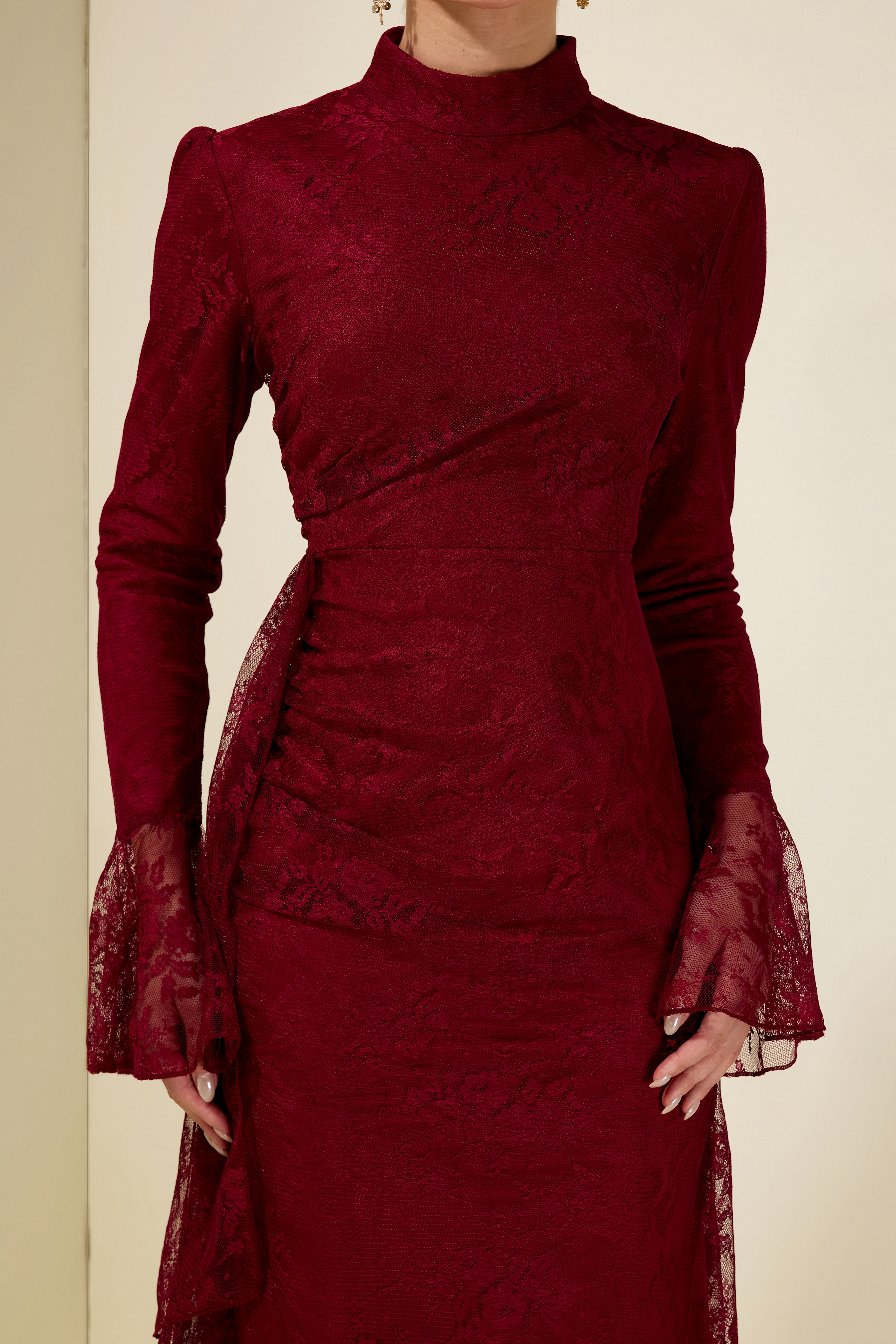 Lace Ruched Bell Sleeve Midi Dress