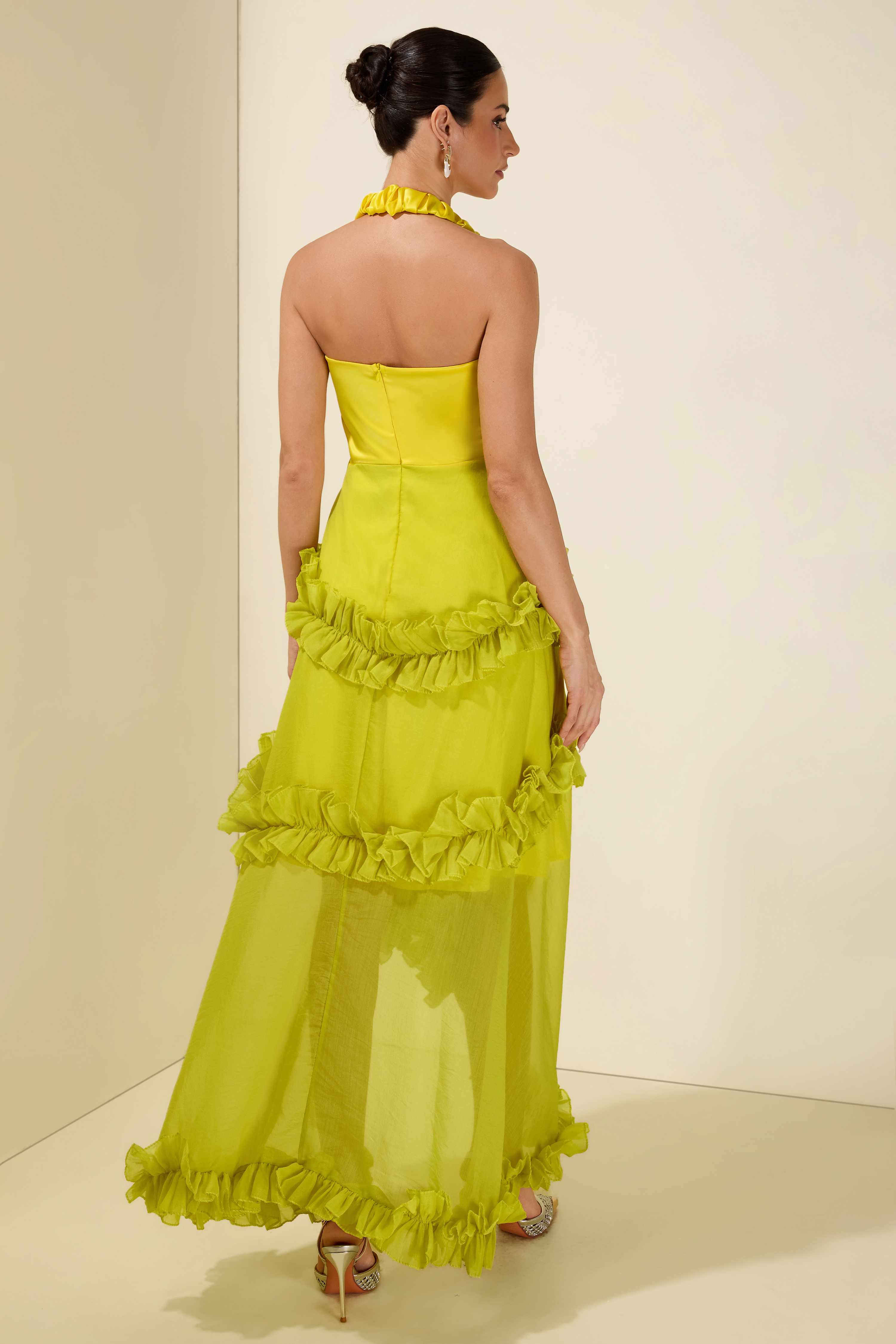 Satin Frill Halter Neck Midi Dress