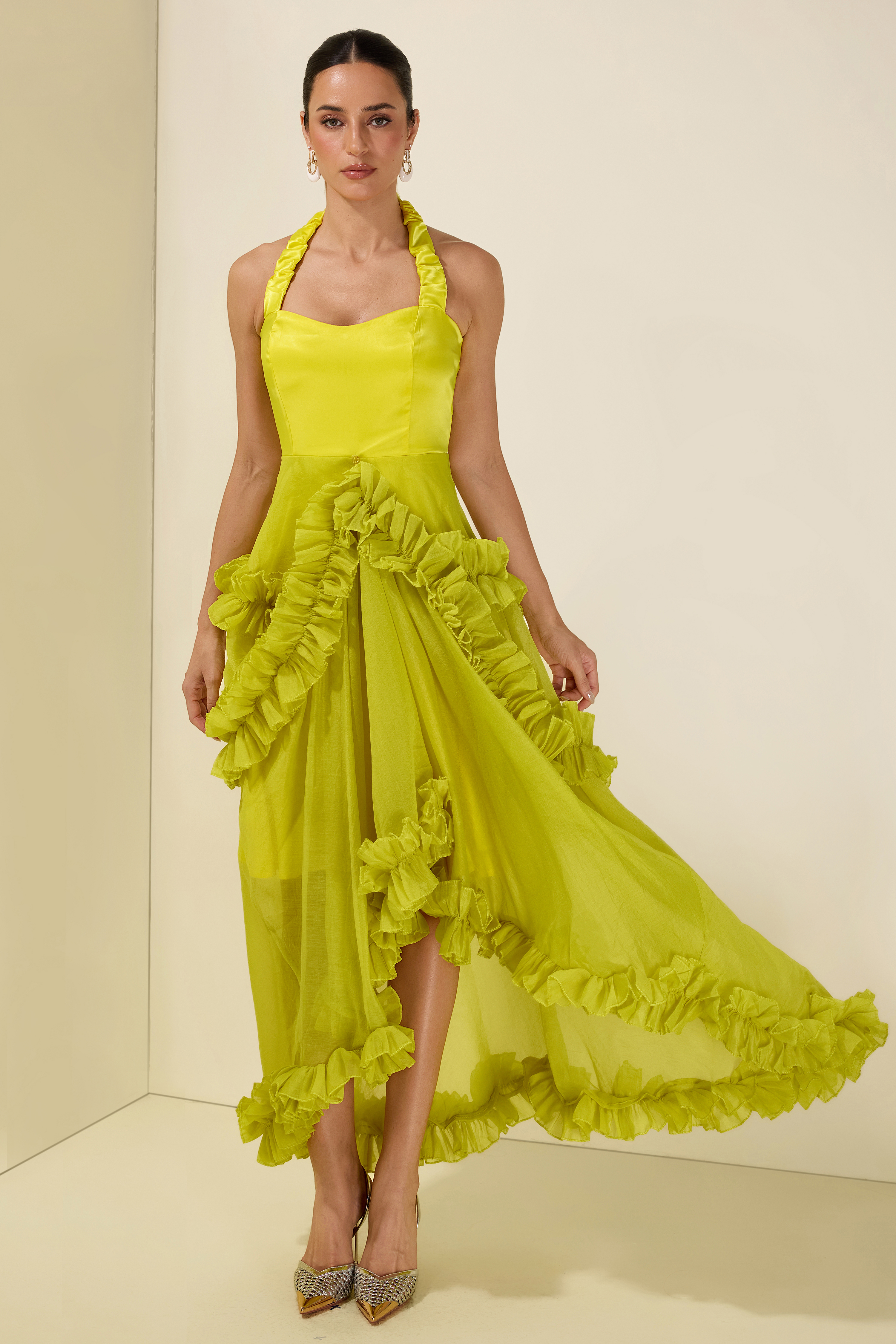 Satin Frill Halter Neck Midi Dress