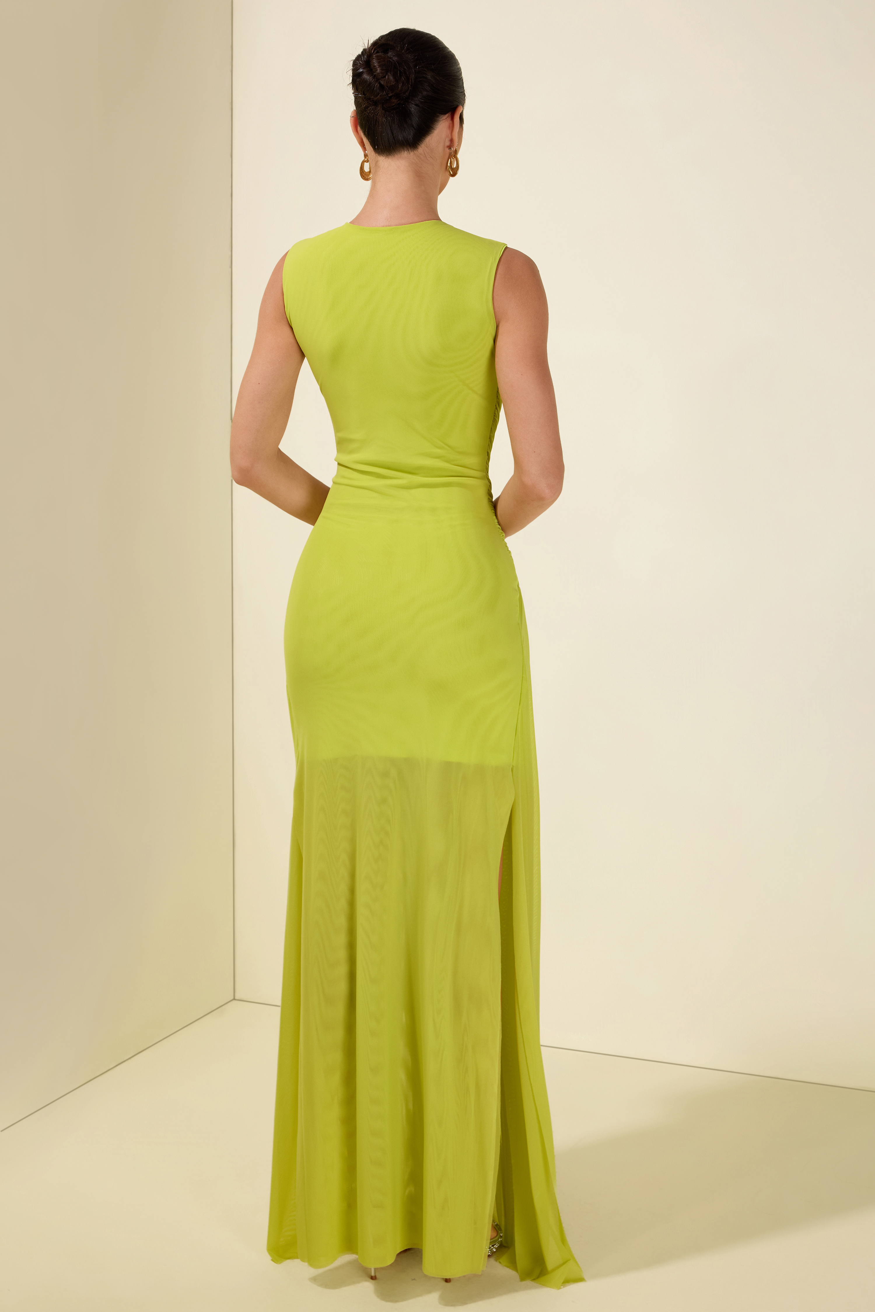 Ruched Solid Sleeveless Maxi Dress