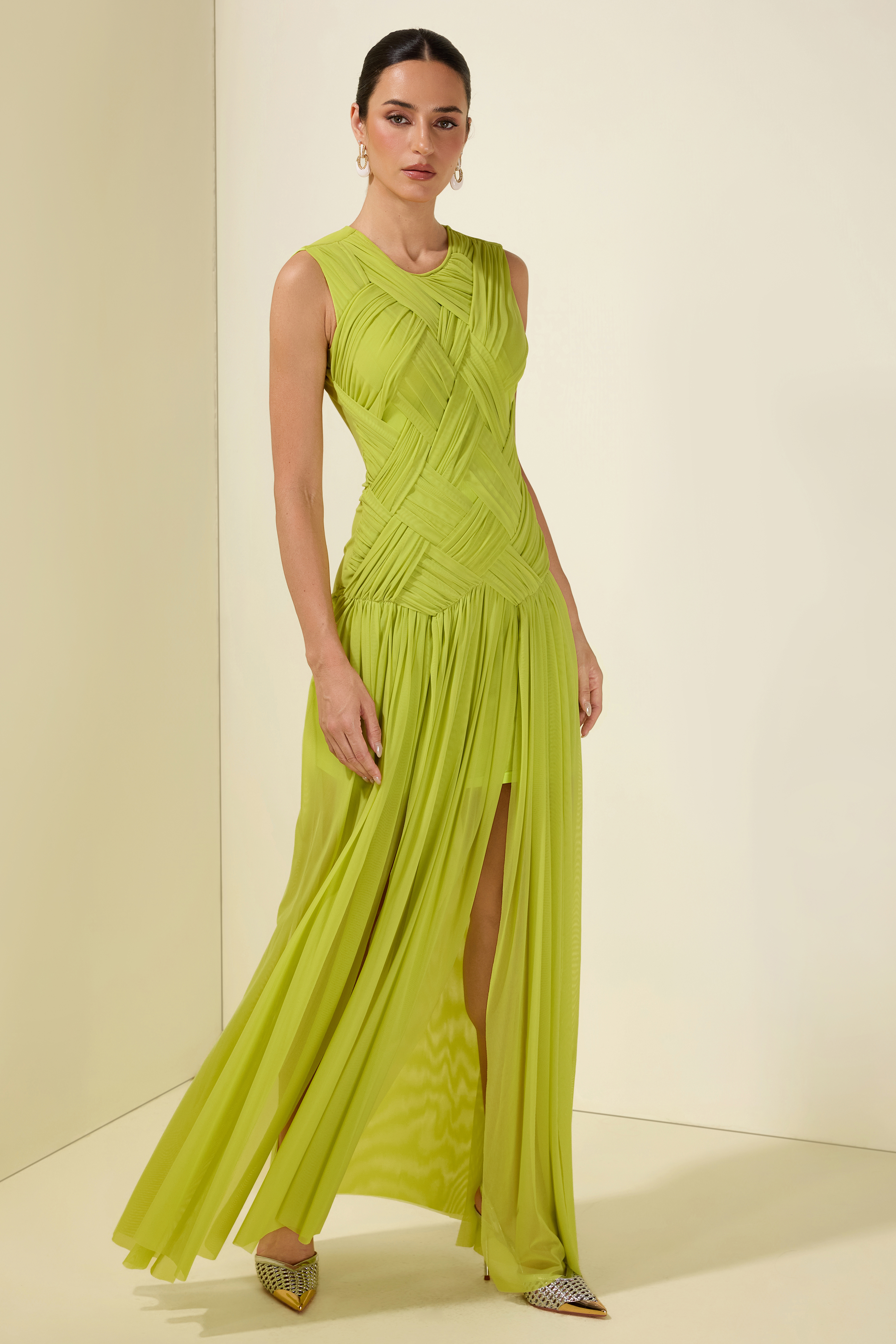 Ruched Solid Sleeveless Maxi Dress