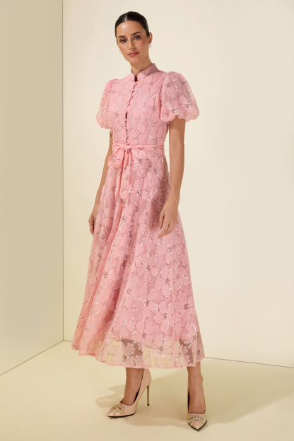 Embroidery Stand Collar Puff Sleeve With Belt Midi Dress