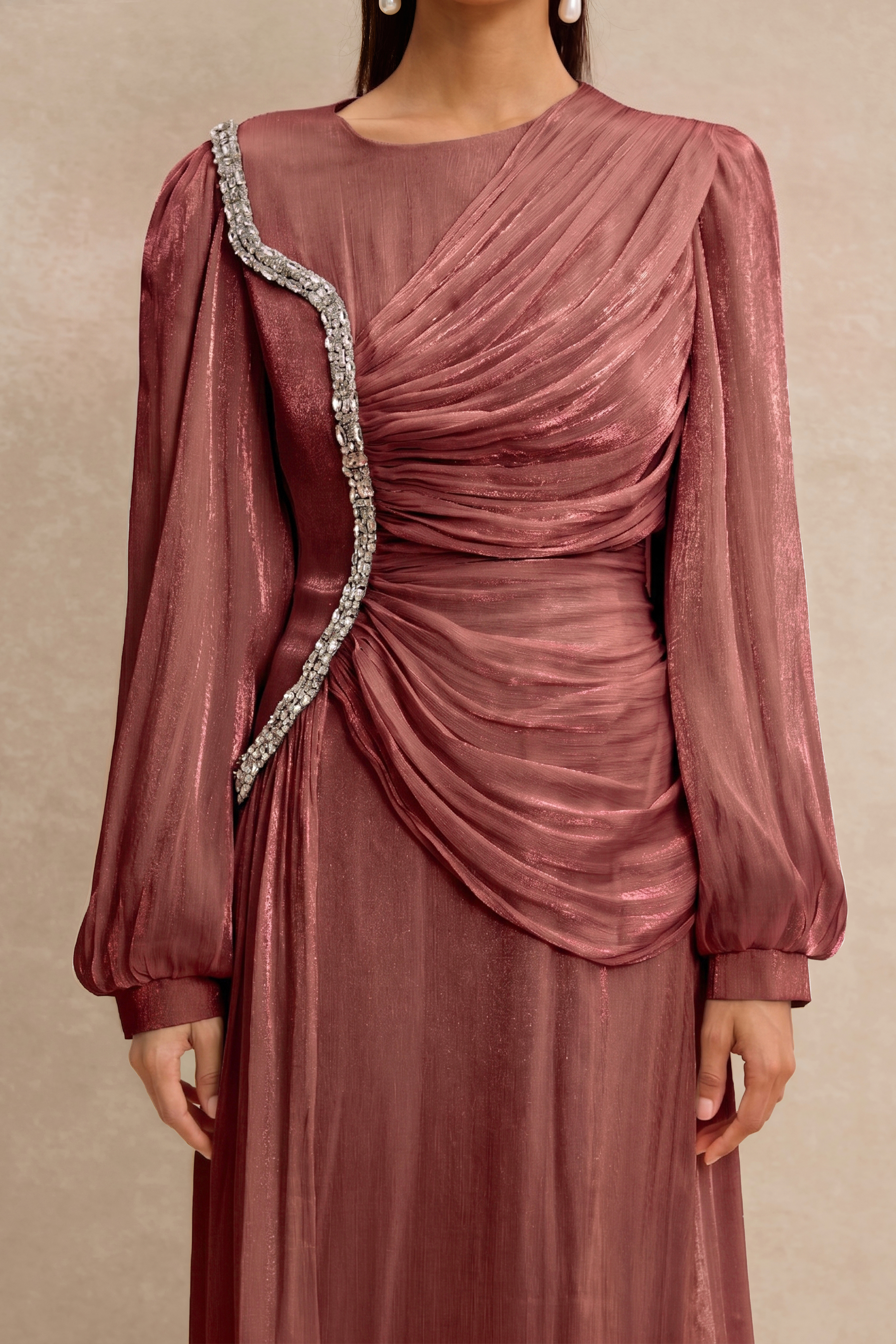 Rhinestone Rivets Gathering Long Sleeve Midi Dress