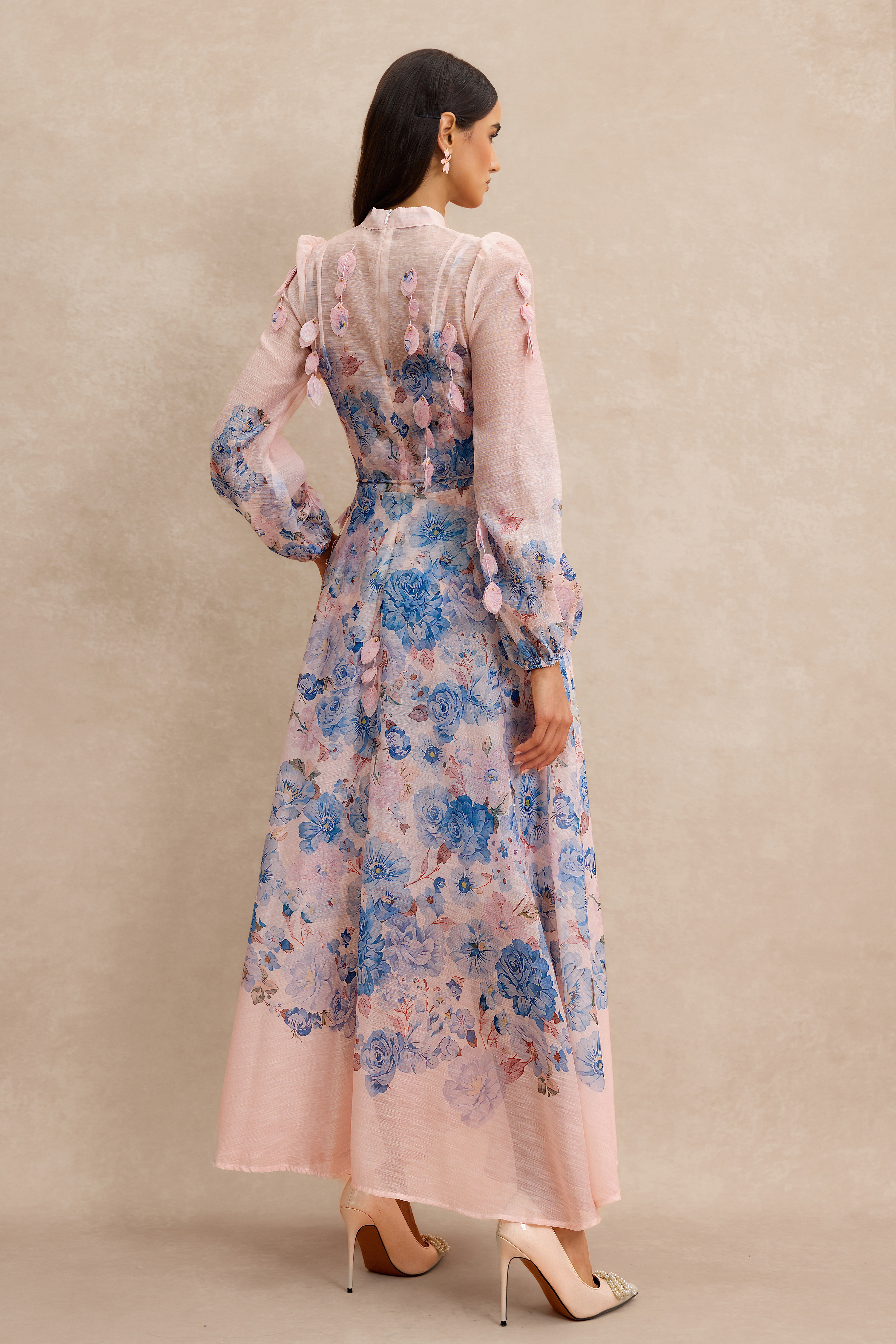 Floral Stand Collar Long Sleeve  Midi Dress