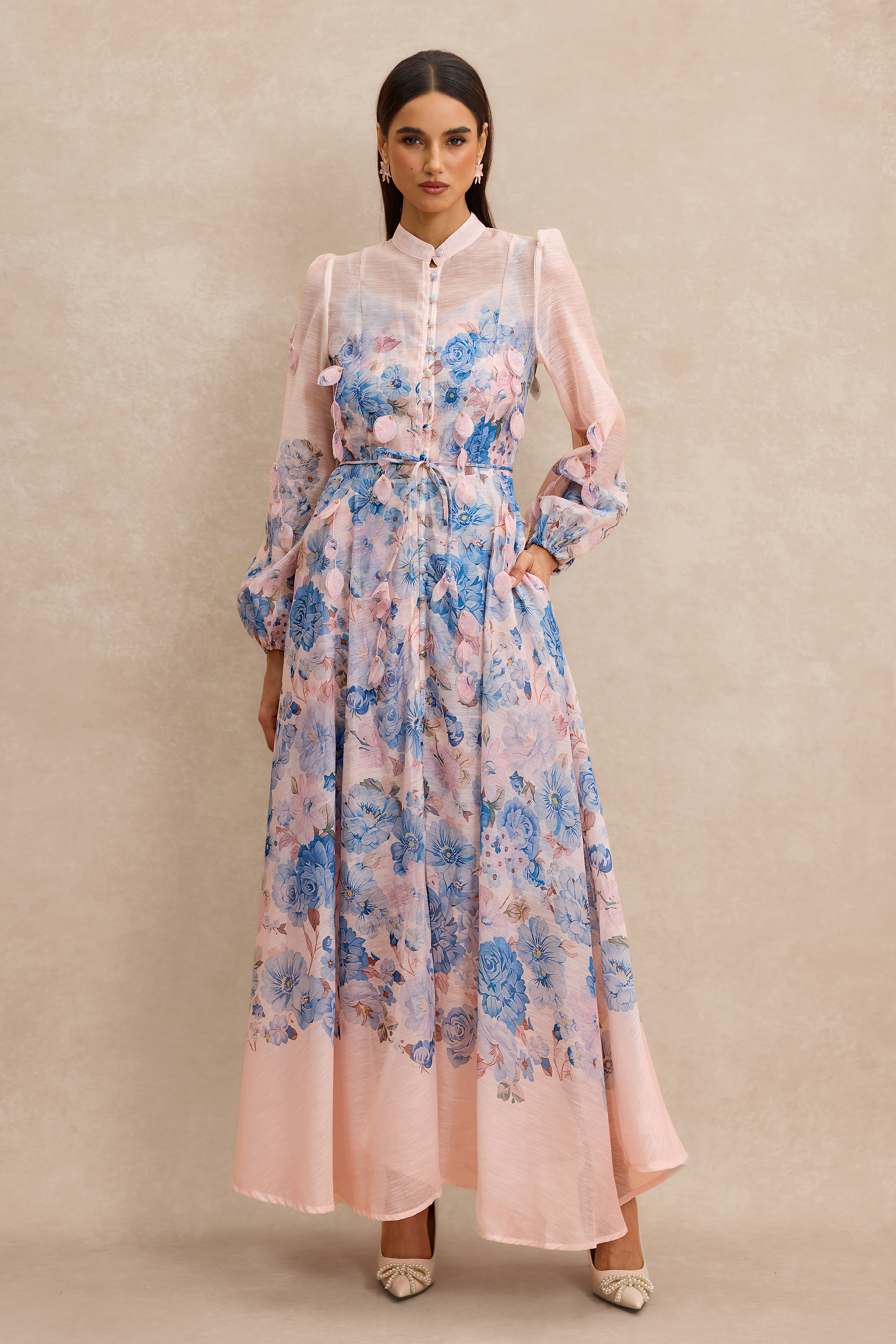 Floral Stand Collar Long Sleeve  Midi Dress