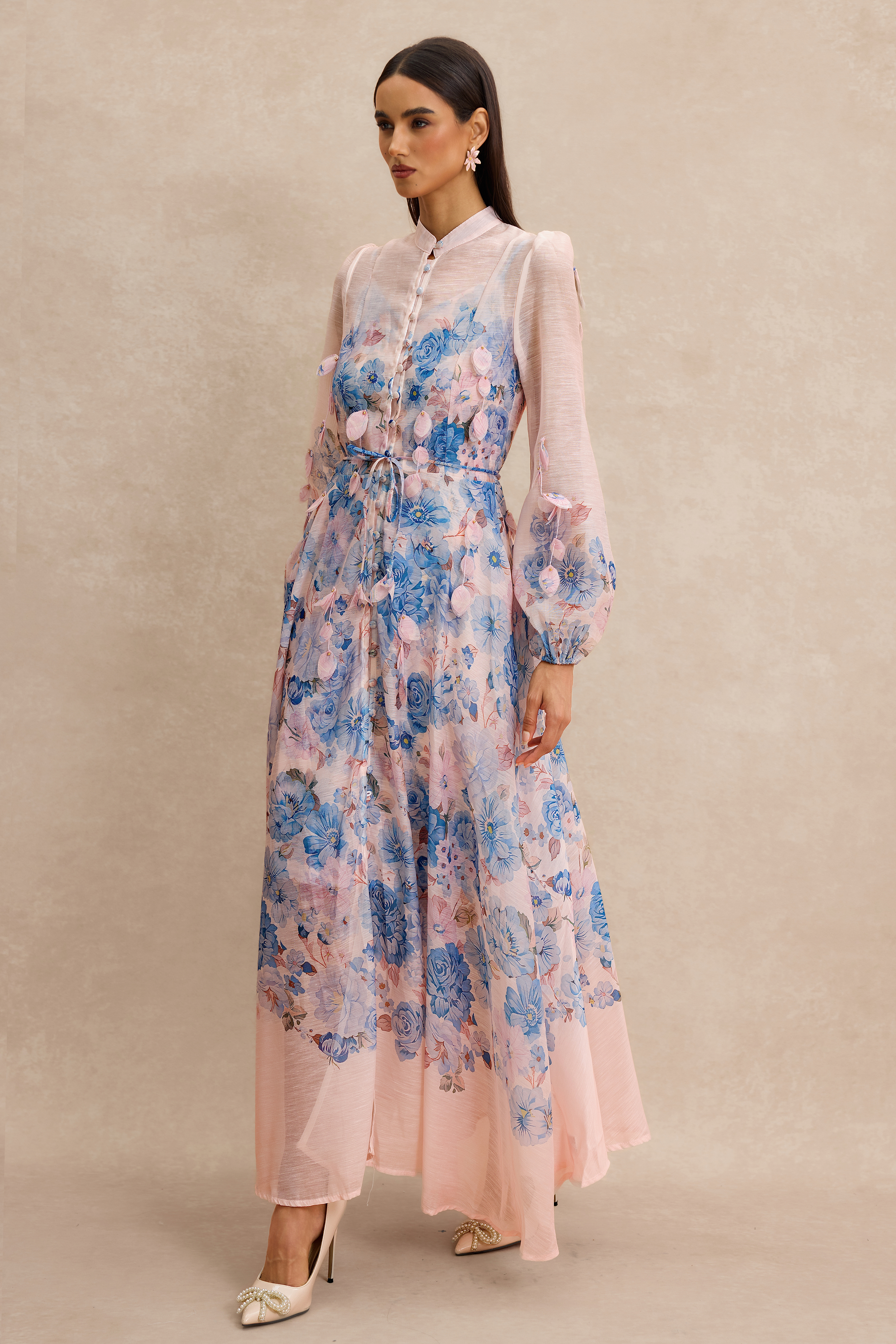 Floral Stand Collar Long Sleeve  Midi Dress