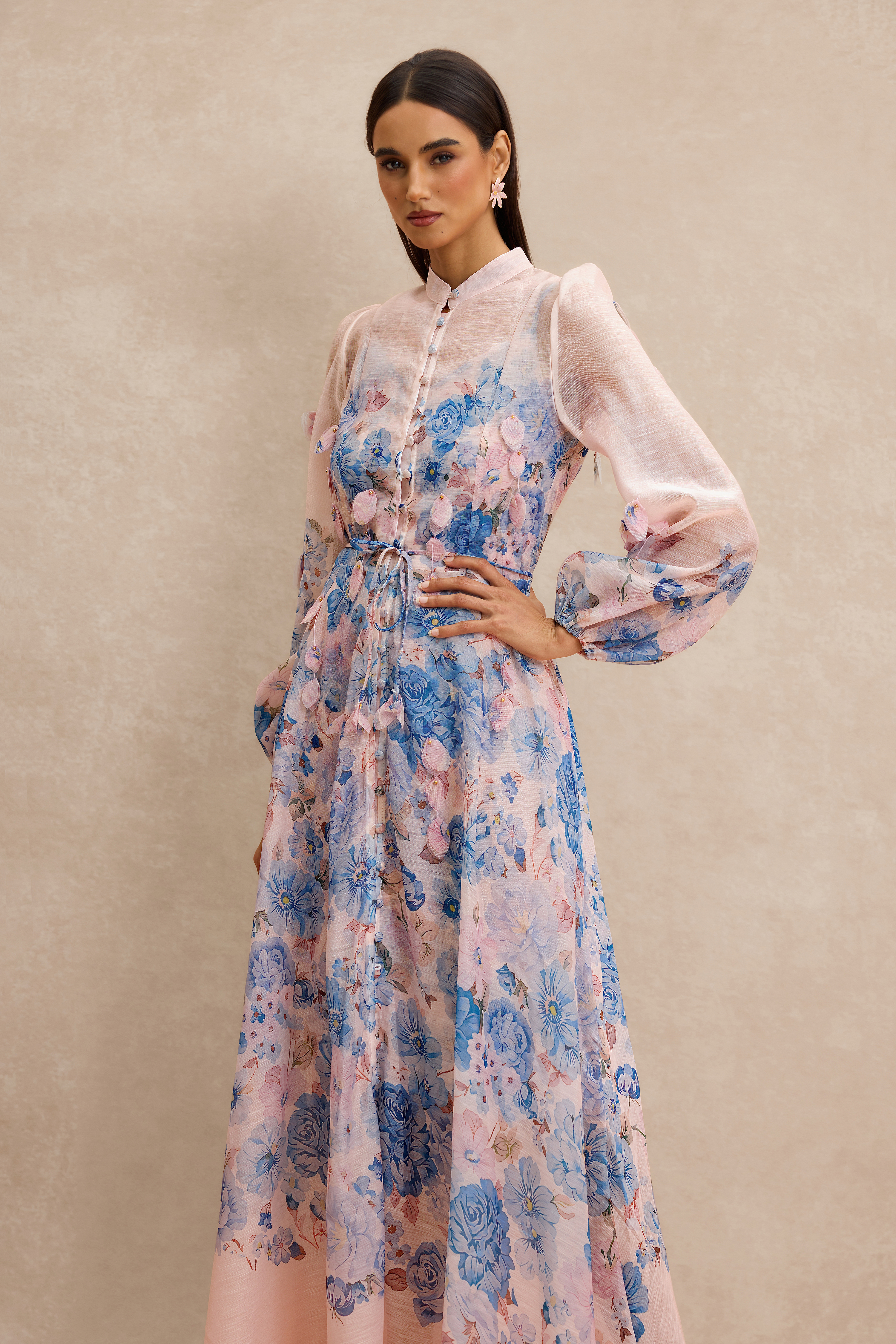Floral Stand Collar Long Sleeve  Midi Dress