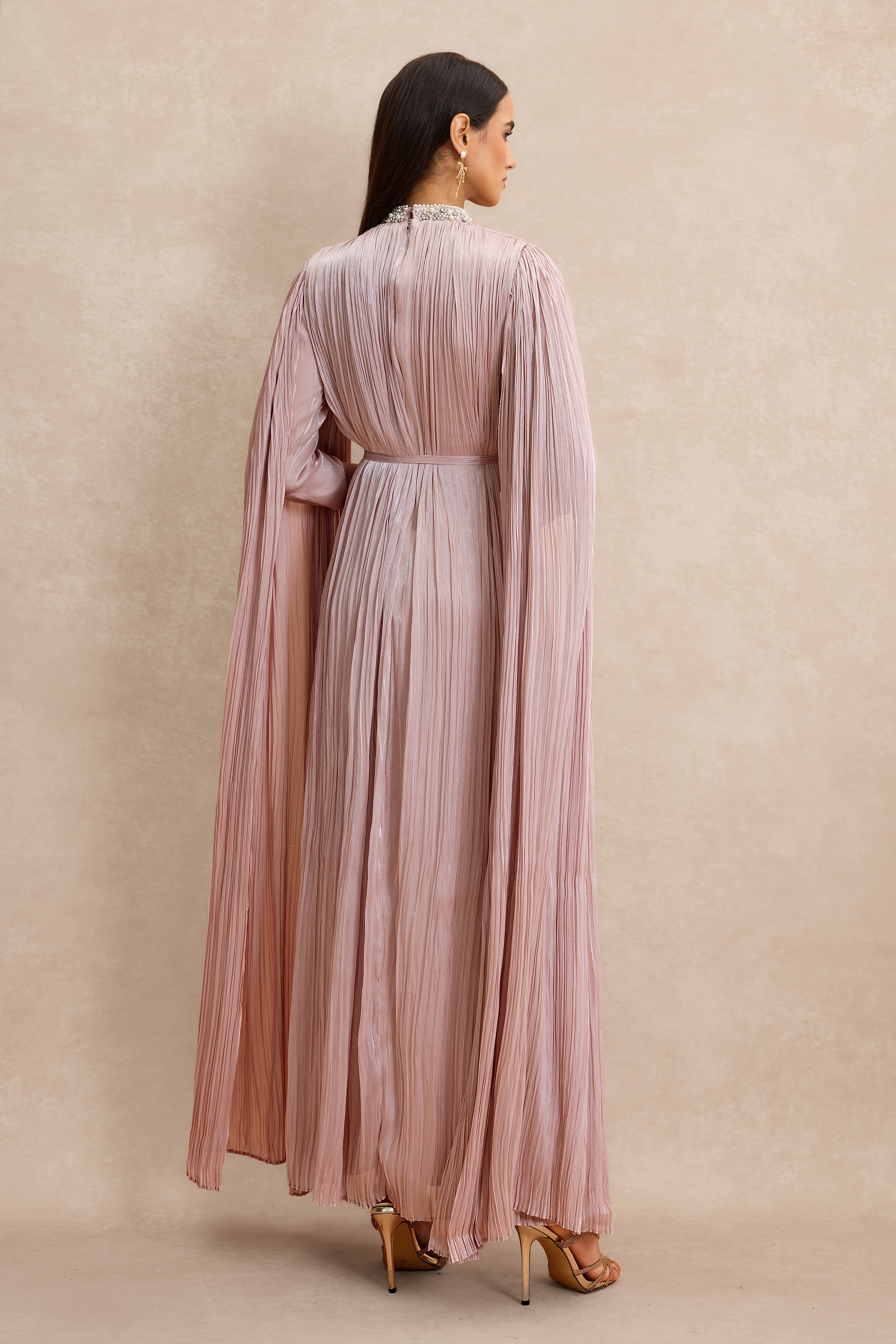 Faux Pearl Pleated Cape Sleeve Midi Dress