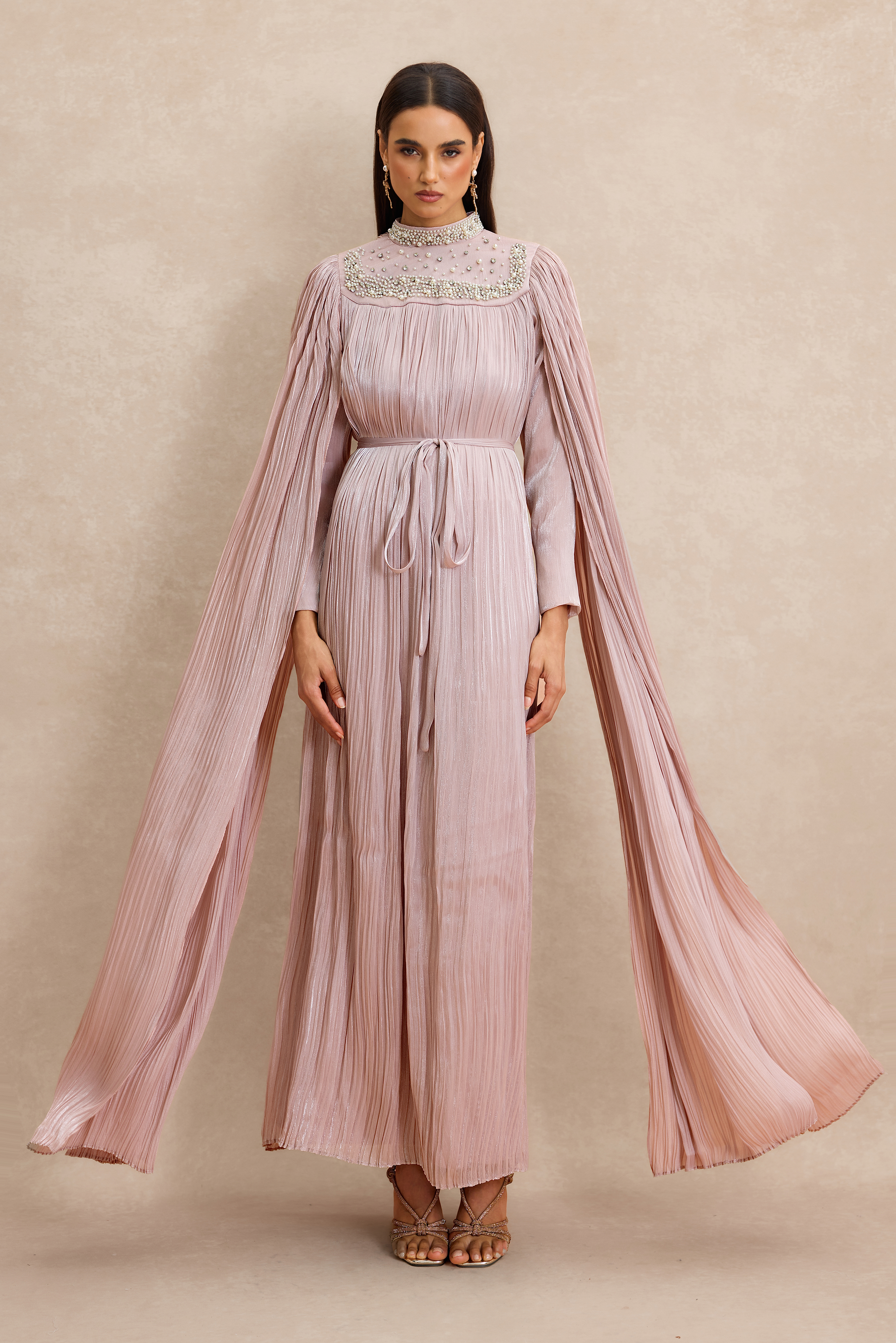 Faux Pearl Pleated Cape Sleeve Midi Dress