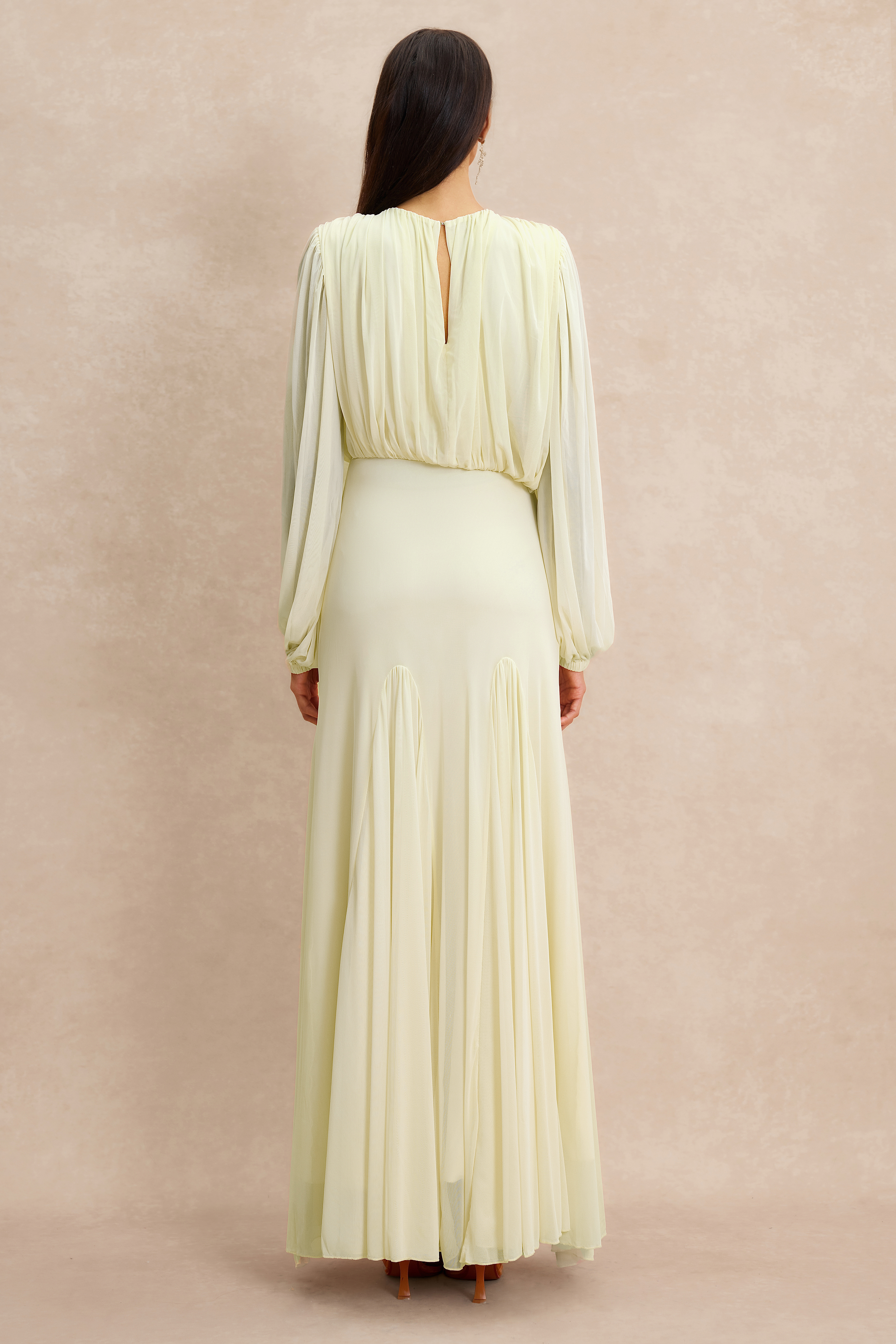 Gathering Round Neck Lantern Sleeve Maxi Dress