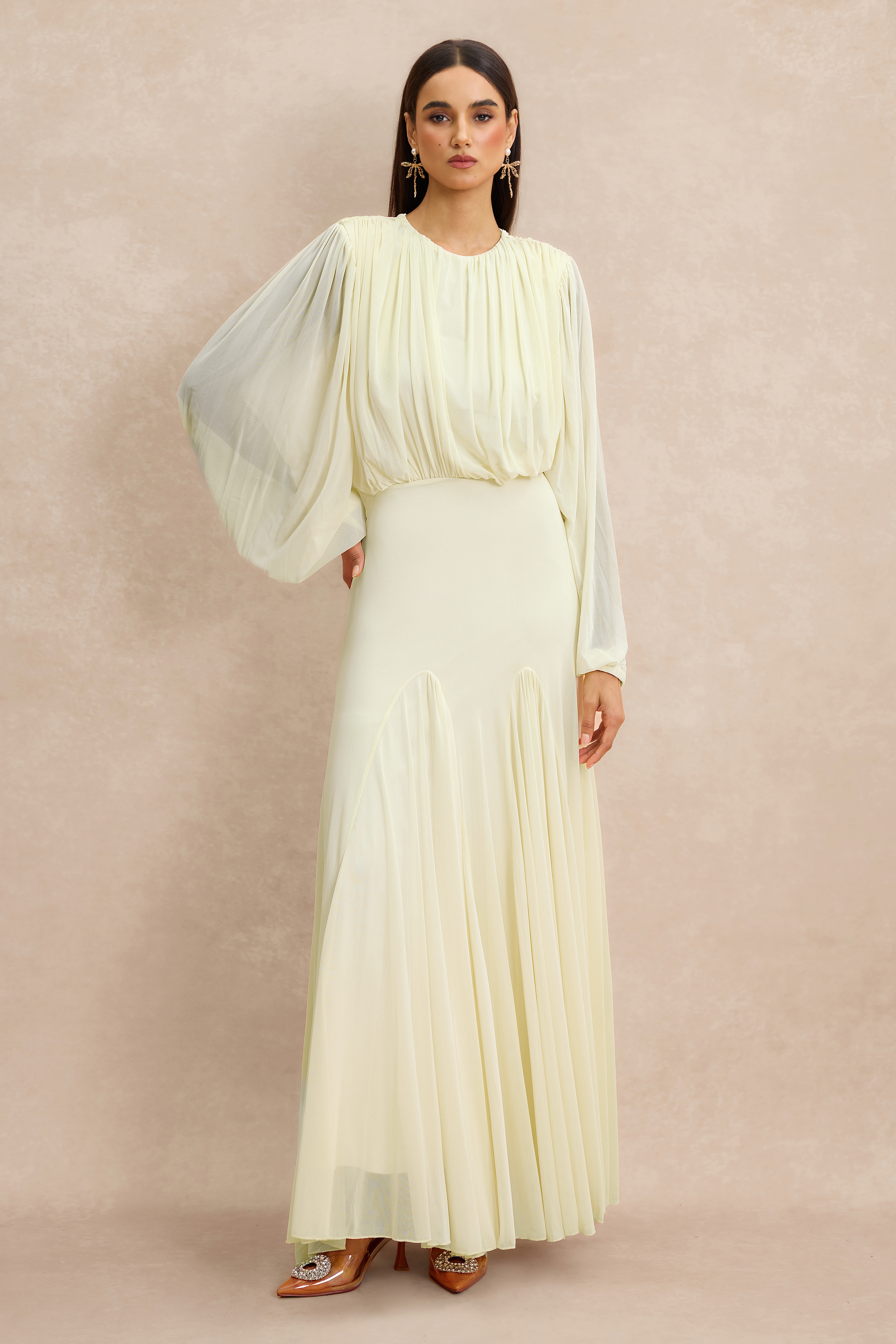 Gathering Round Neck Lantern Sleeve Maxi Dress