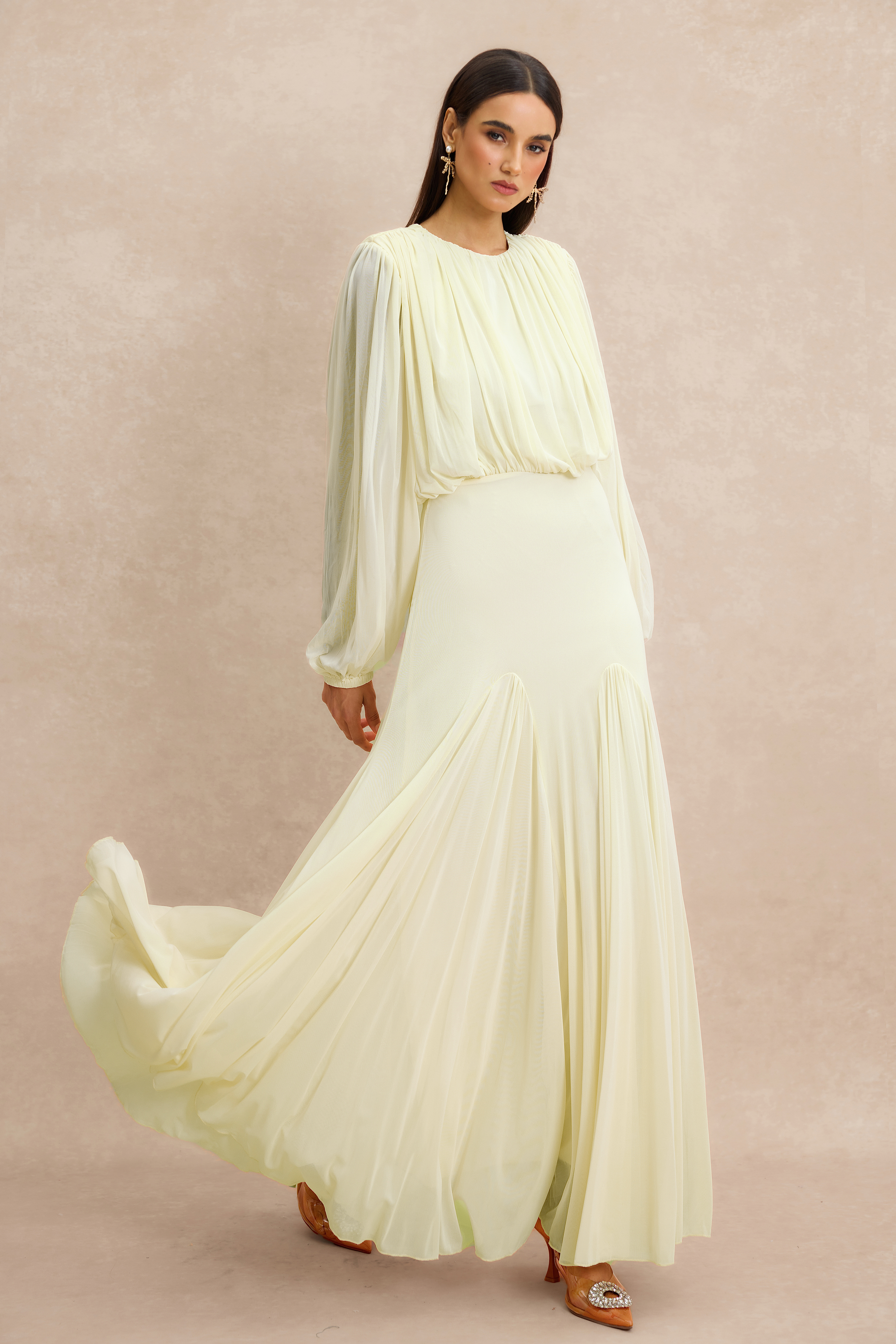 Gathering Round Neck Lantern Sleeve Maxi Dress