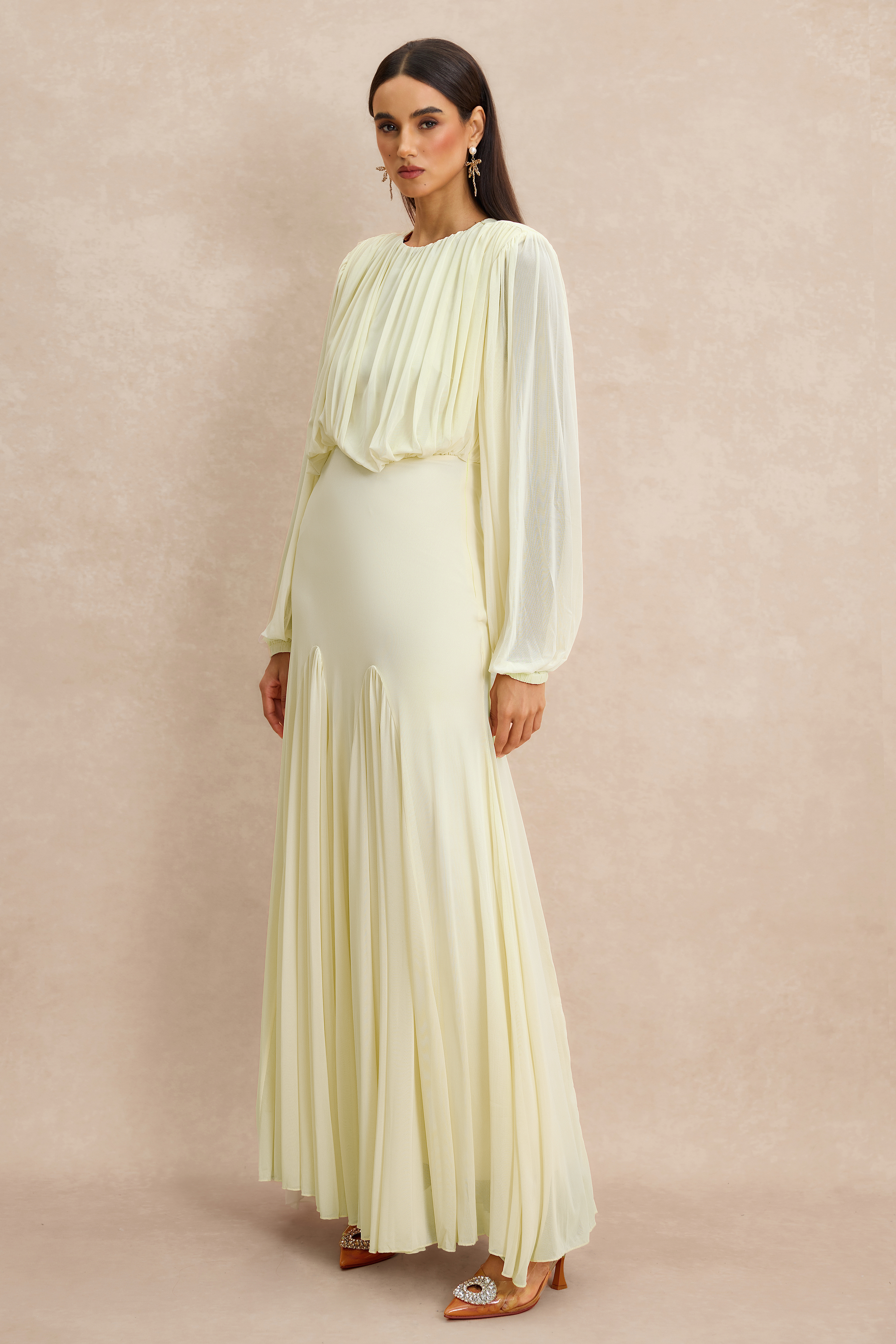 Gathering Round Neck Lantern Sleeve Maxi Dress