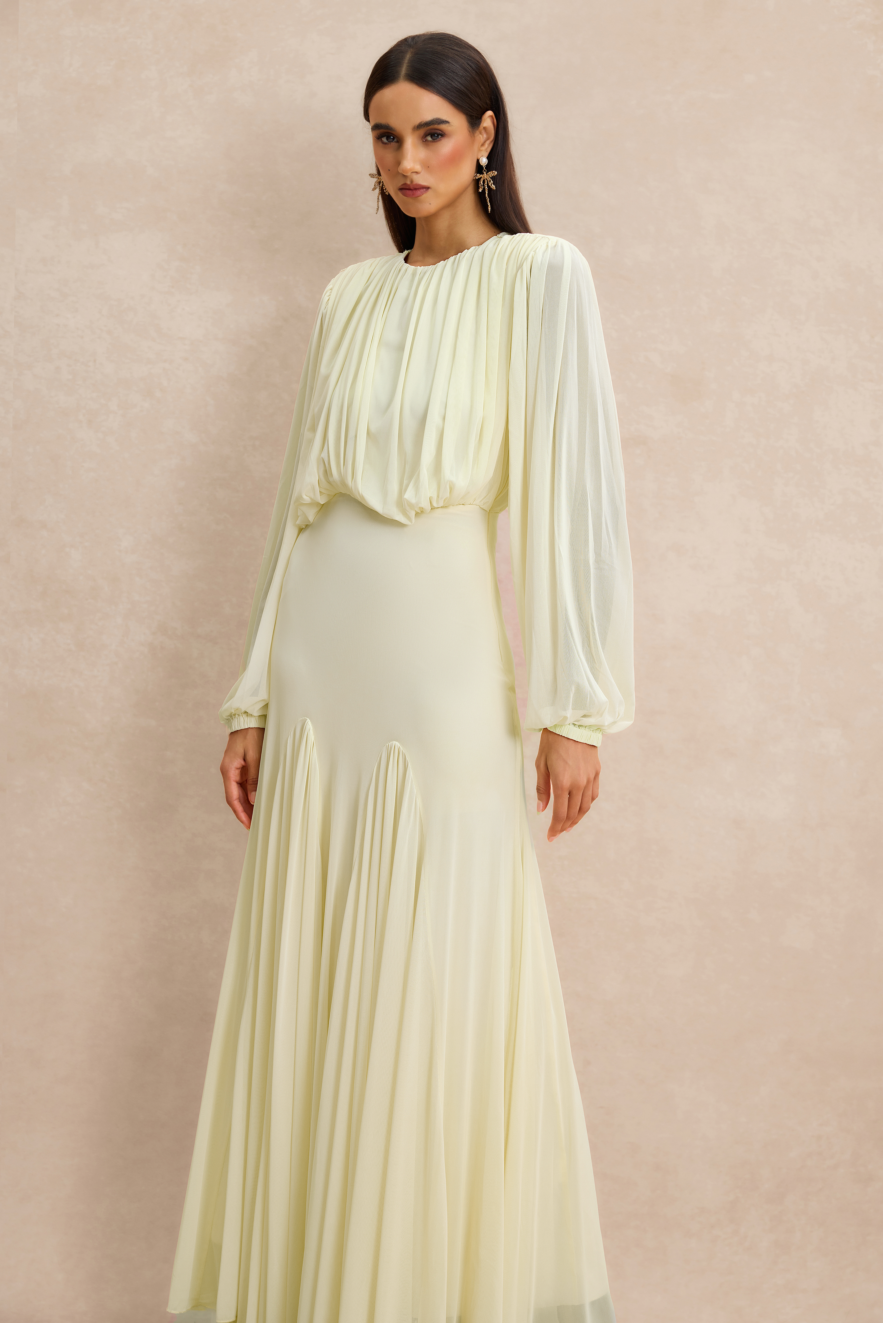 Gathering Round Neck Lantern Sleeve Maxi Dress