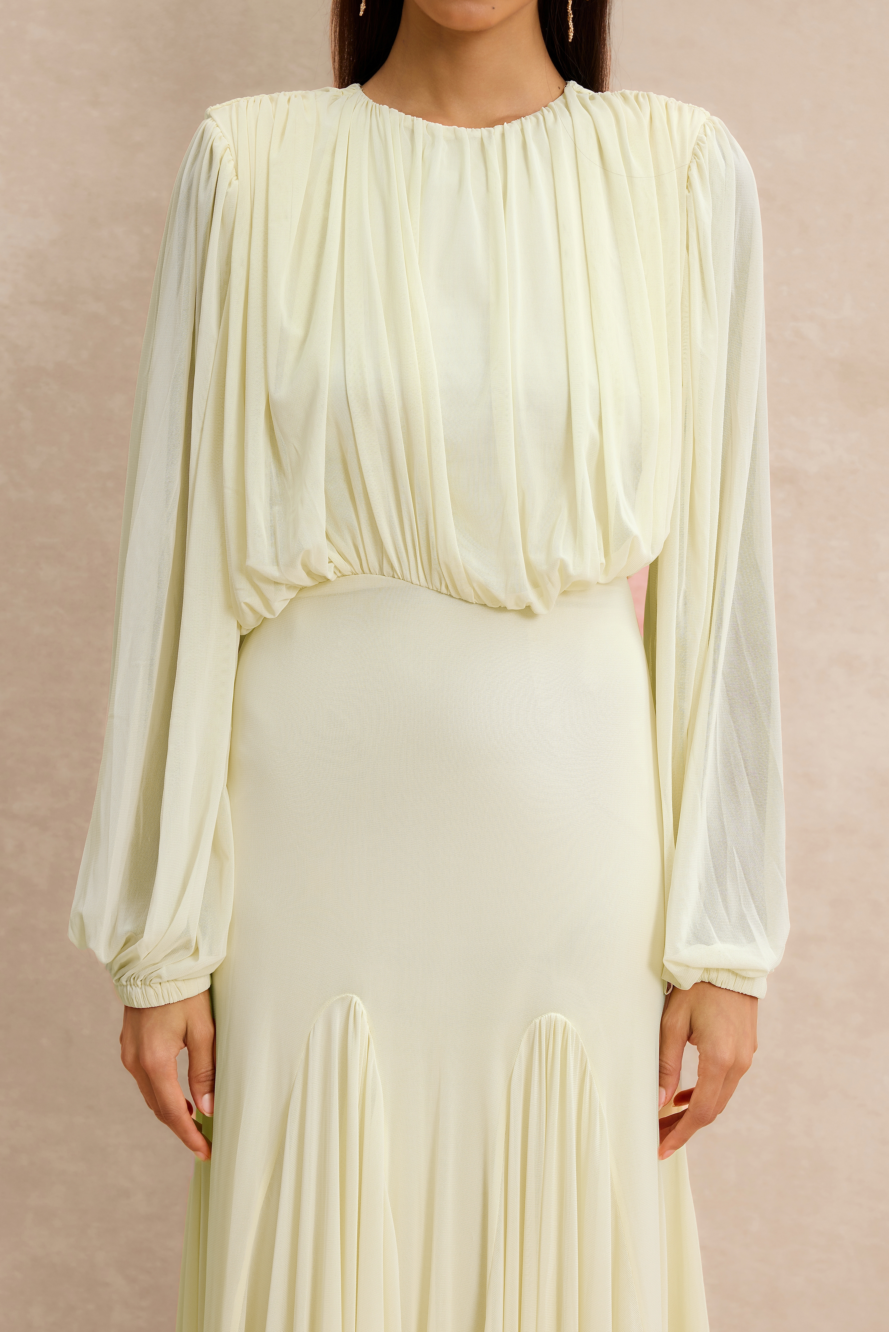 Gathering Round Neck Lantern Sleeve Maxi Dress