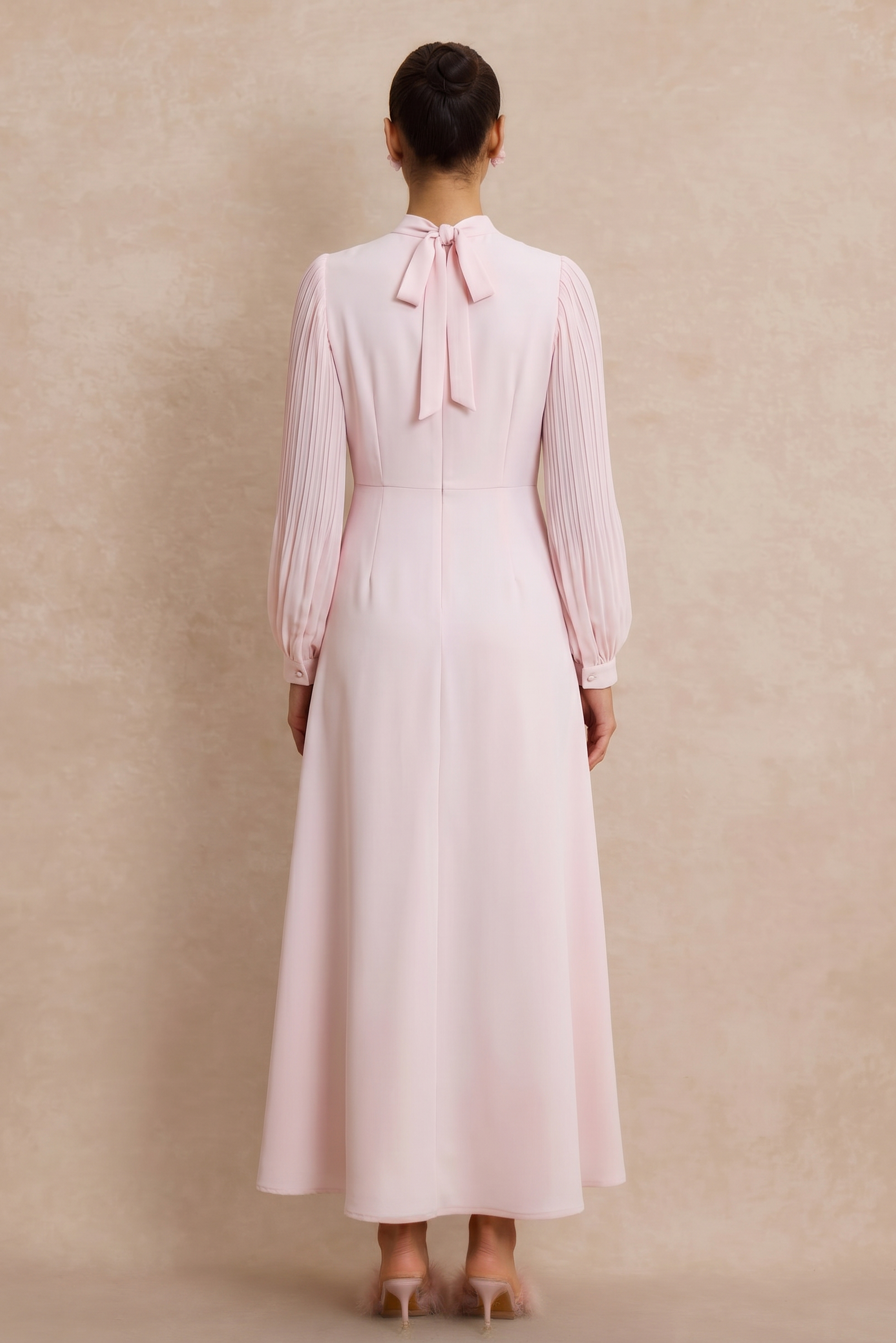 Embroidery Floral Applique Pleated Lantern Sleeve Maxi Dress