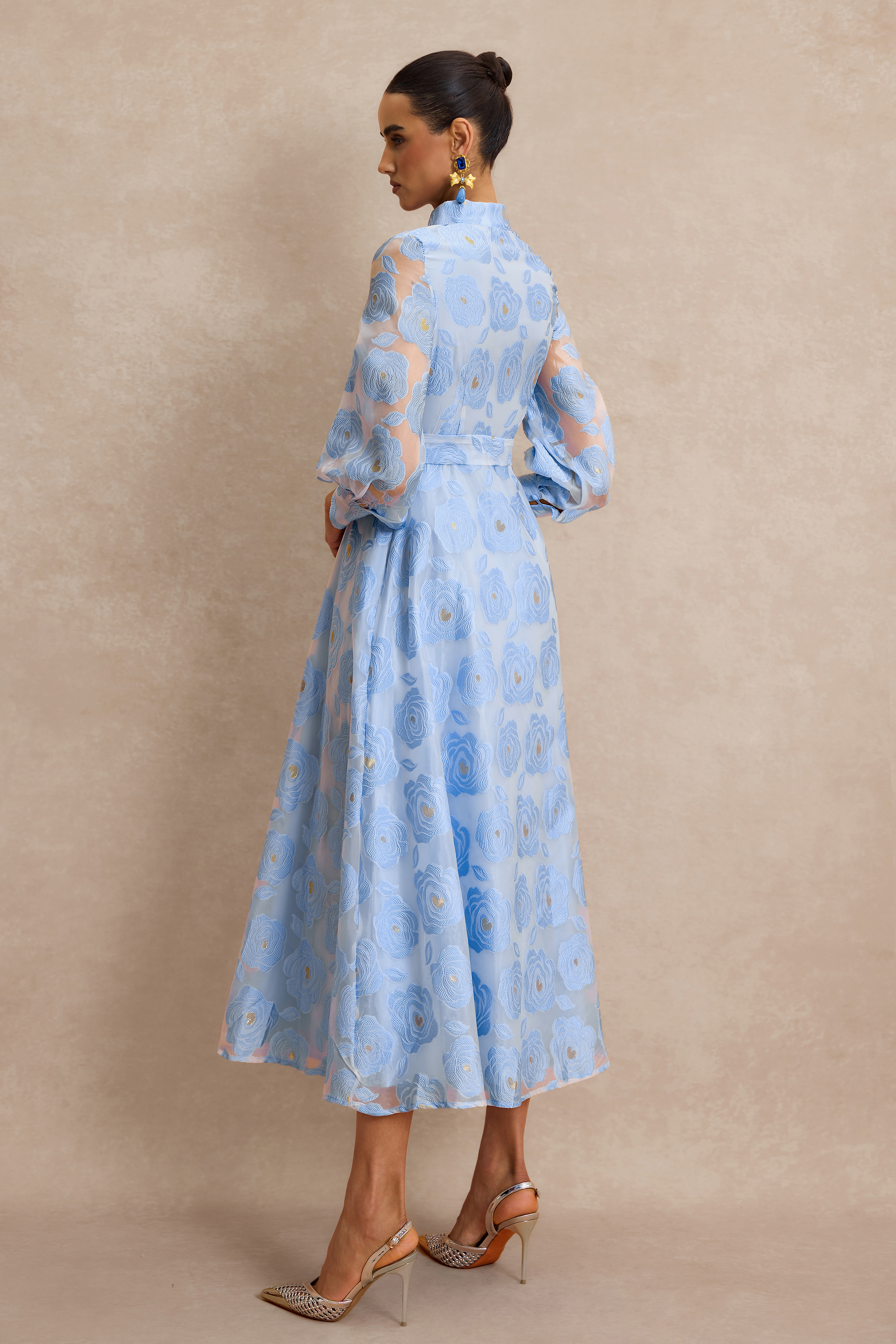 Jacquard Stand Collar Midi Dress