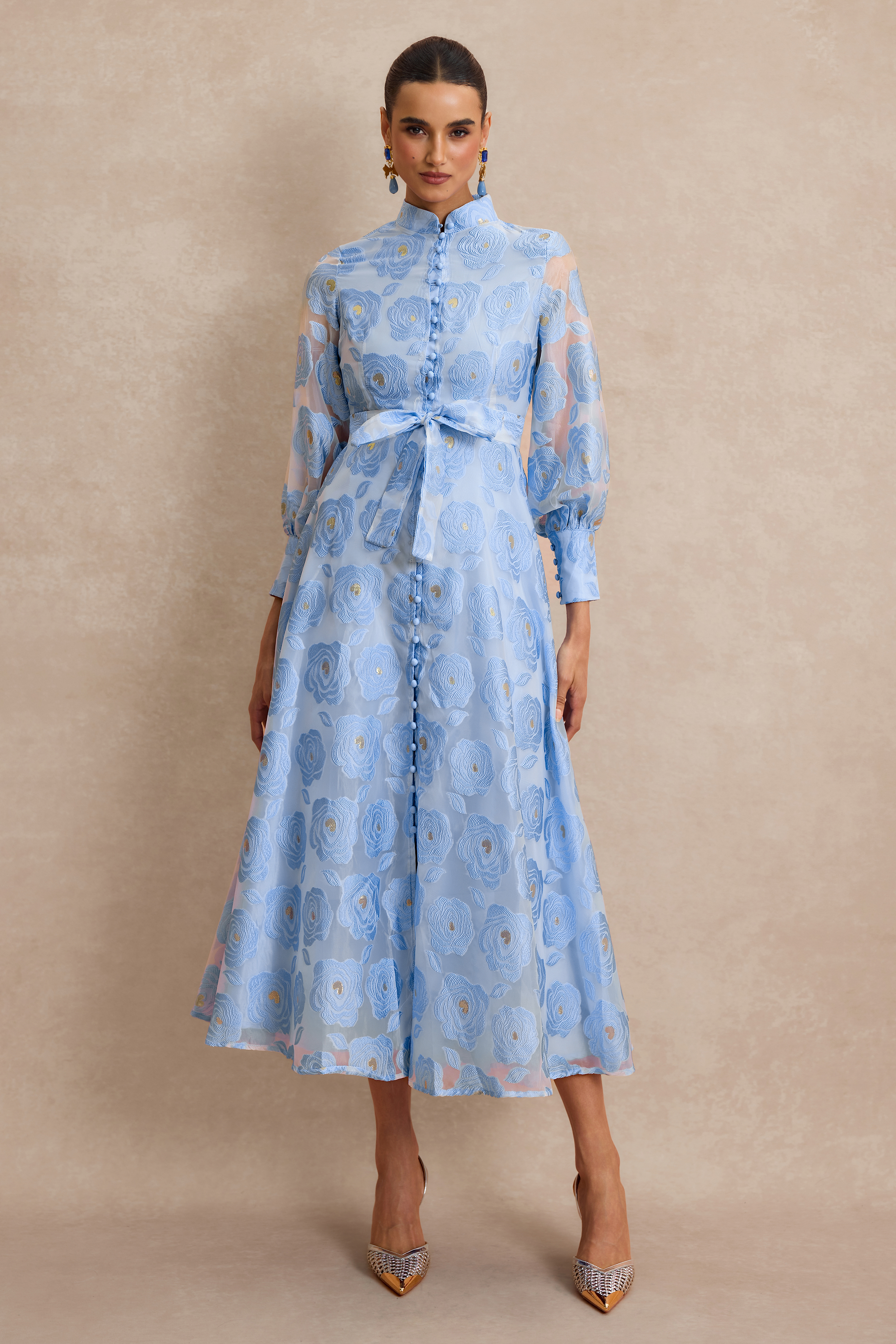Jacquard Stand Collar Midi Dress