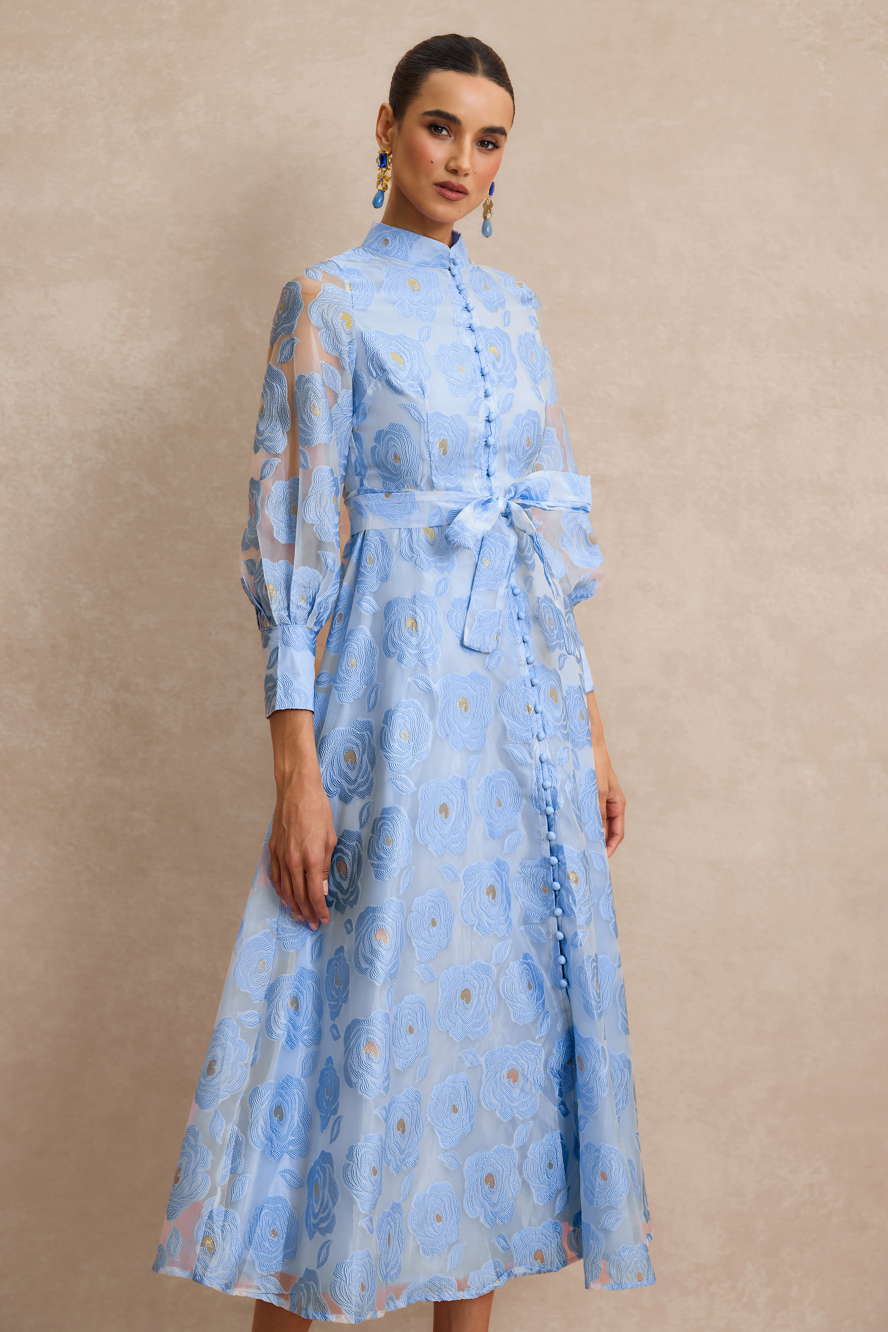 Jacquard Stand Collar Midi Dress