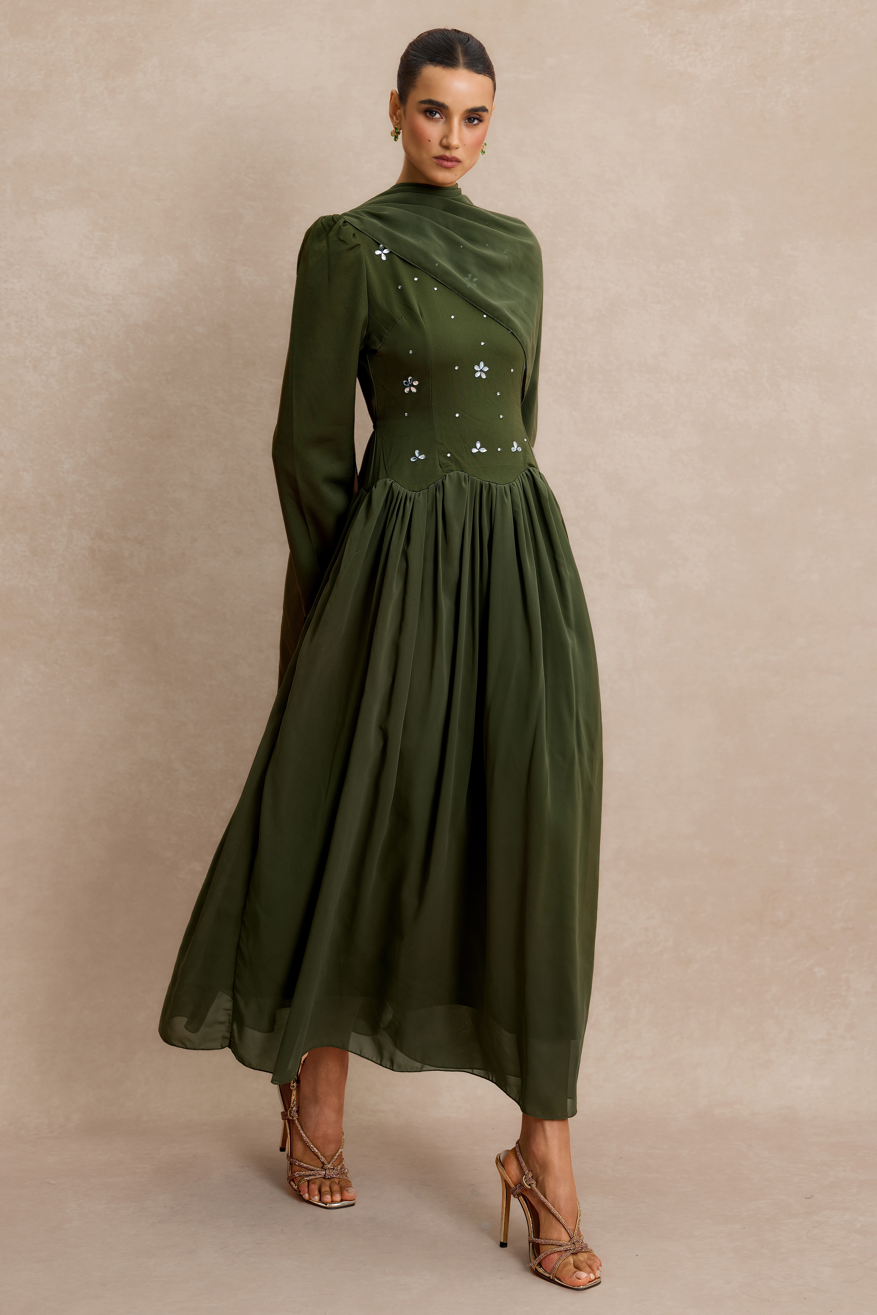 Rhinestone Lace-Up Long Sleeve Midi Dress