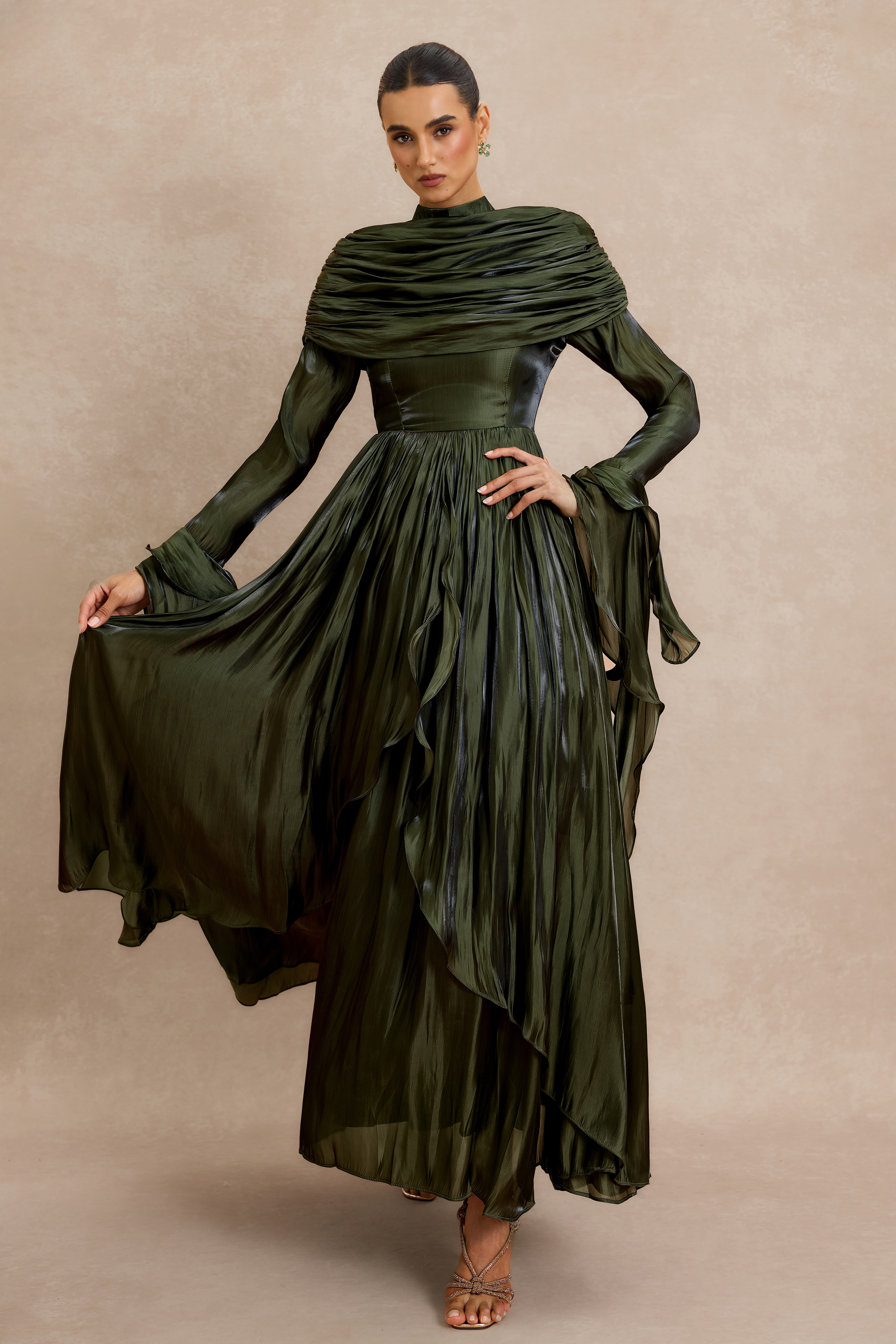 Ruffle Cape Bell Sleeve Midi Dress