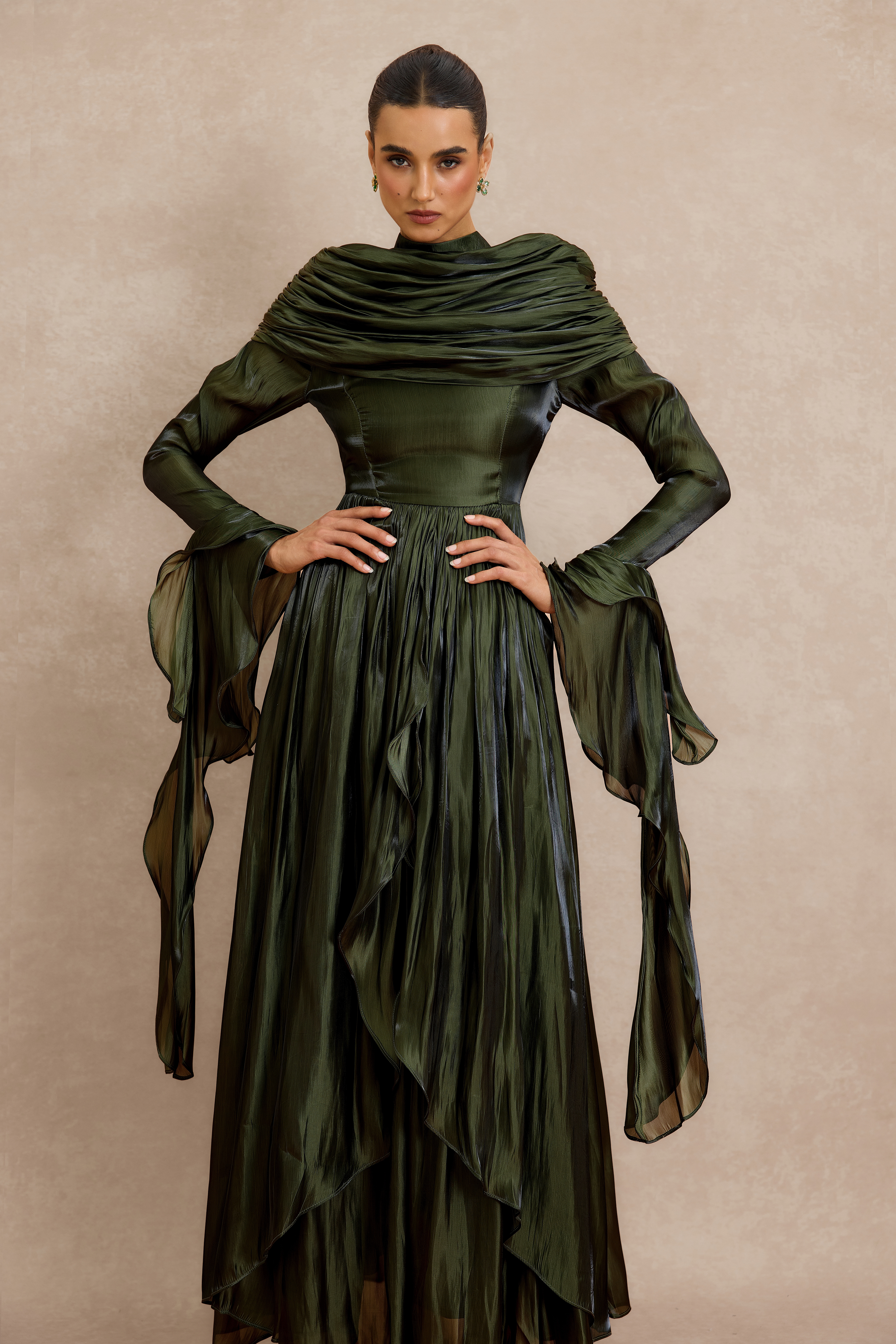 Ruffle Cape Bell Sleeve Midi Dress