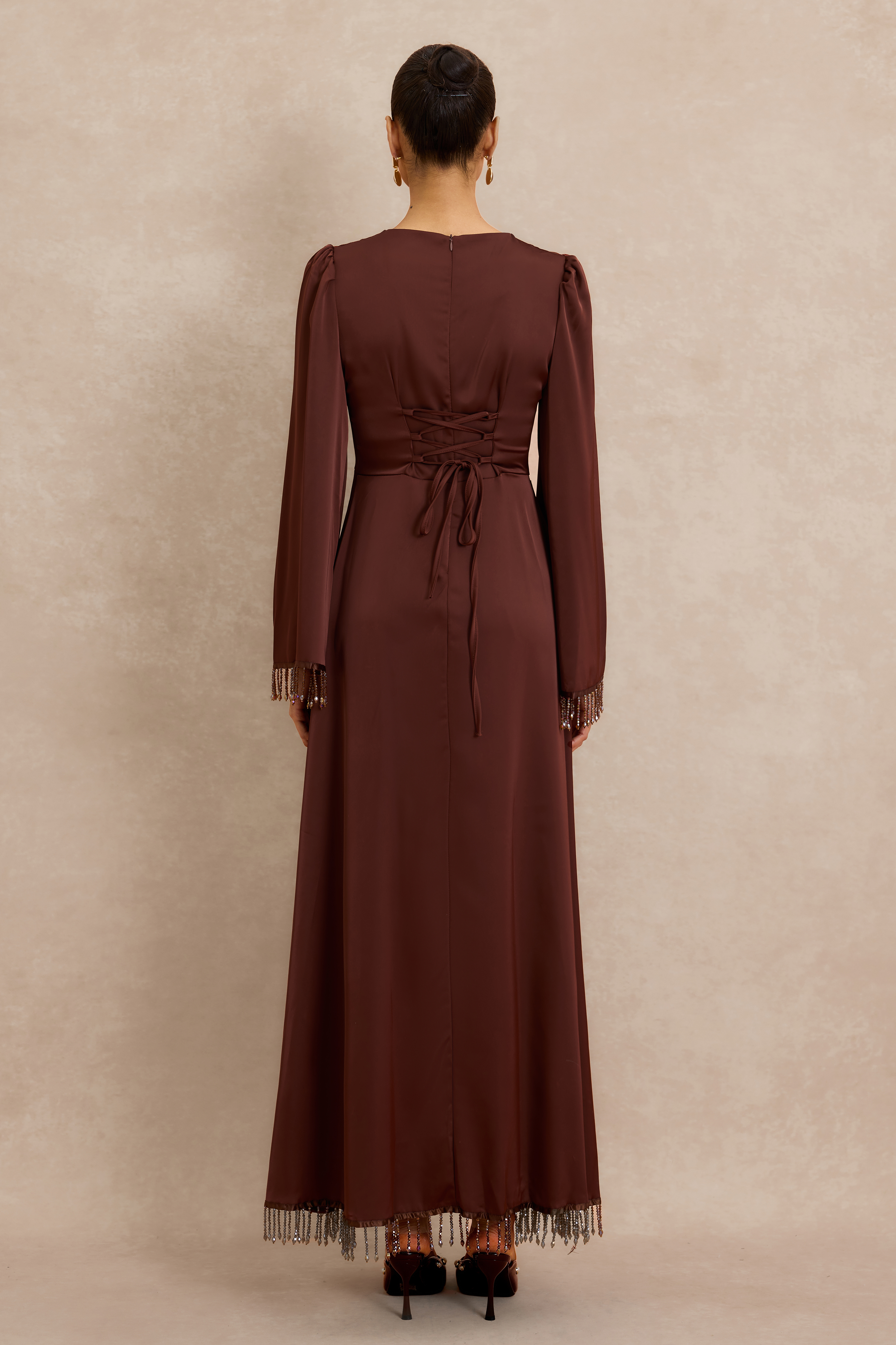 Satin Beaded Tassel Long Sleeve Maxi Dress