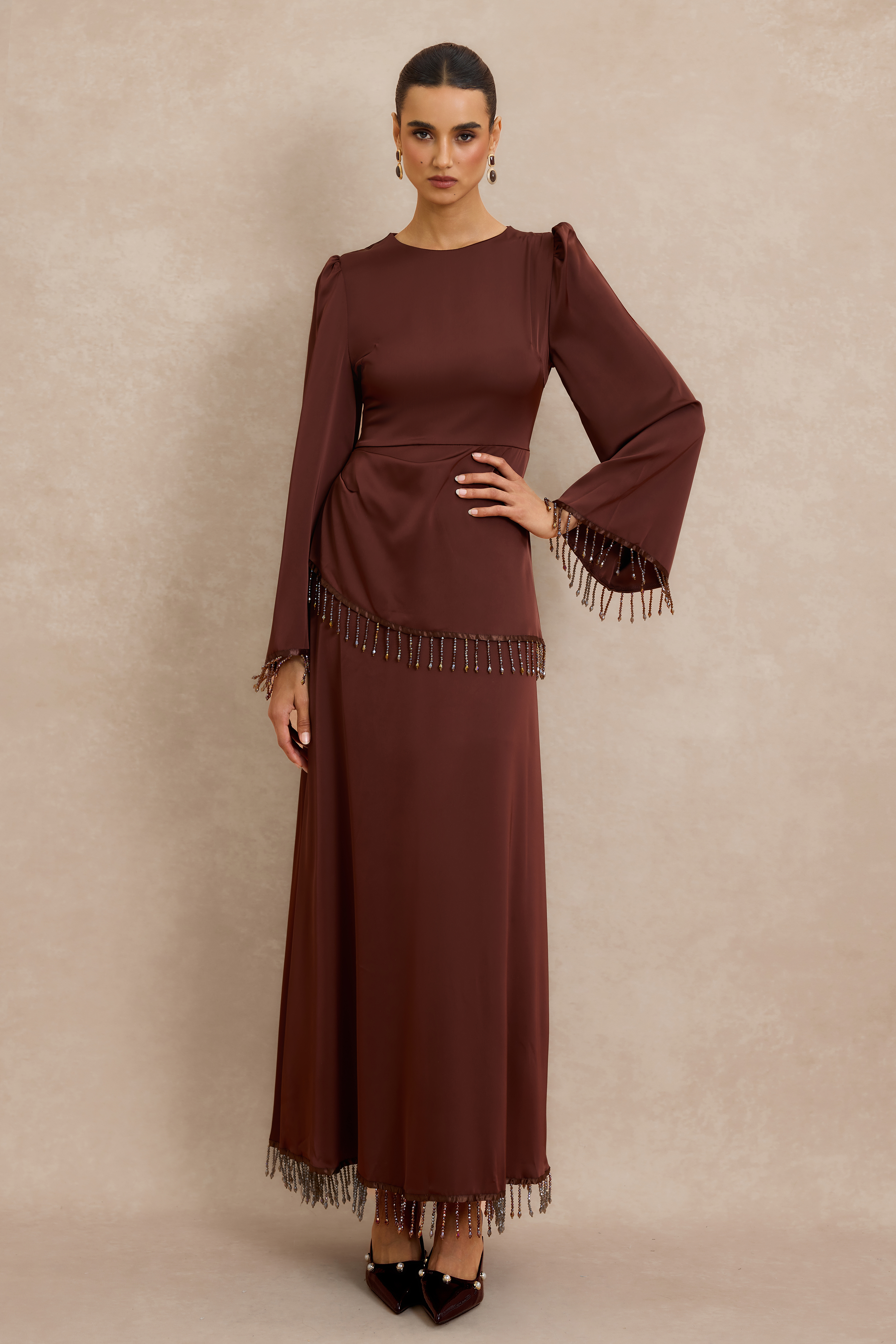 Satin Beaded Tassel Long Sleeve Maxi Dress