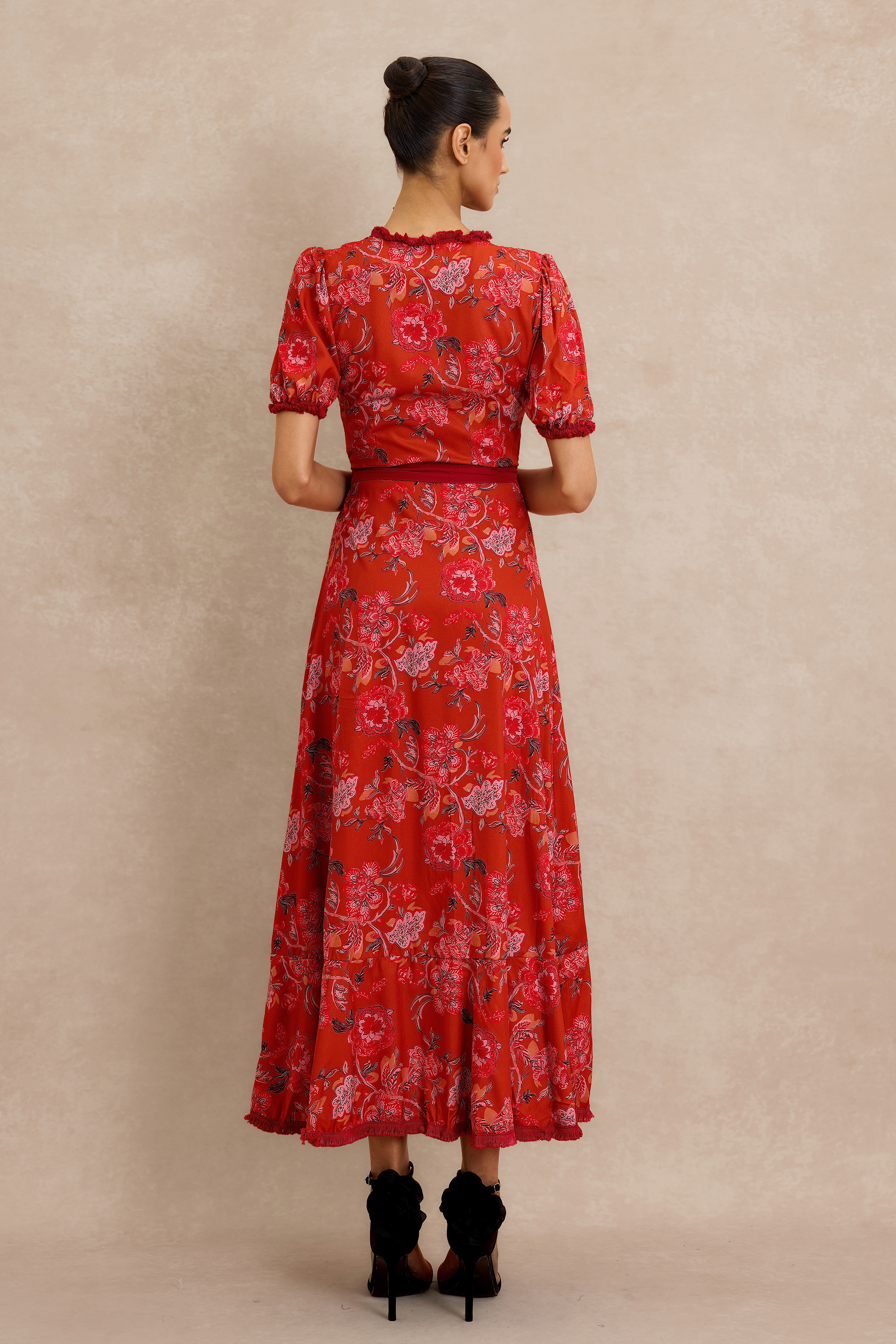 Floral Tassel Puff Sleeve Midi Wrap Dress