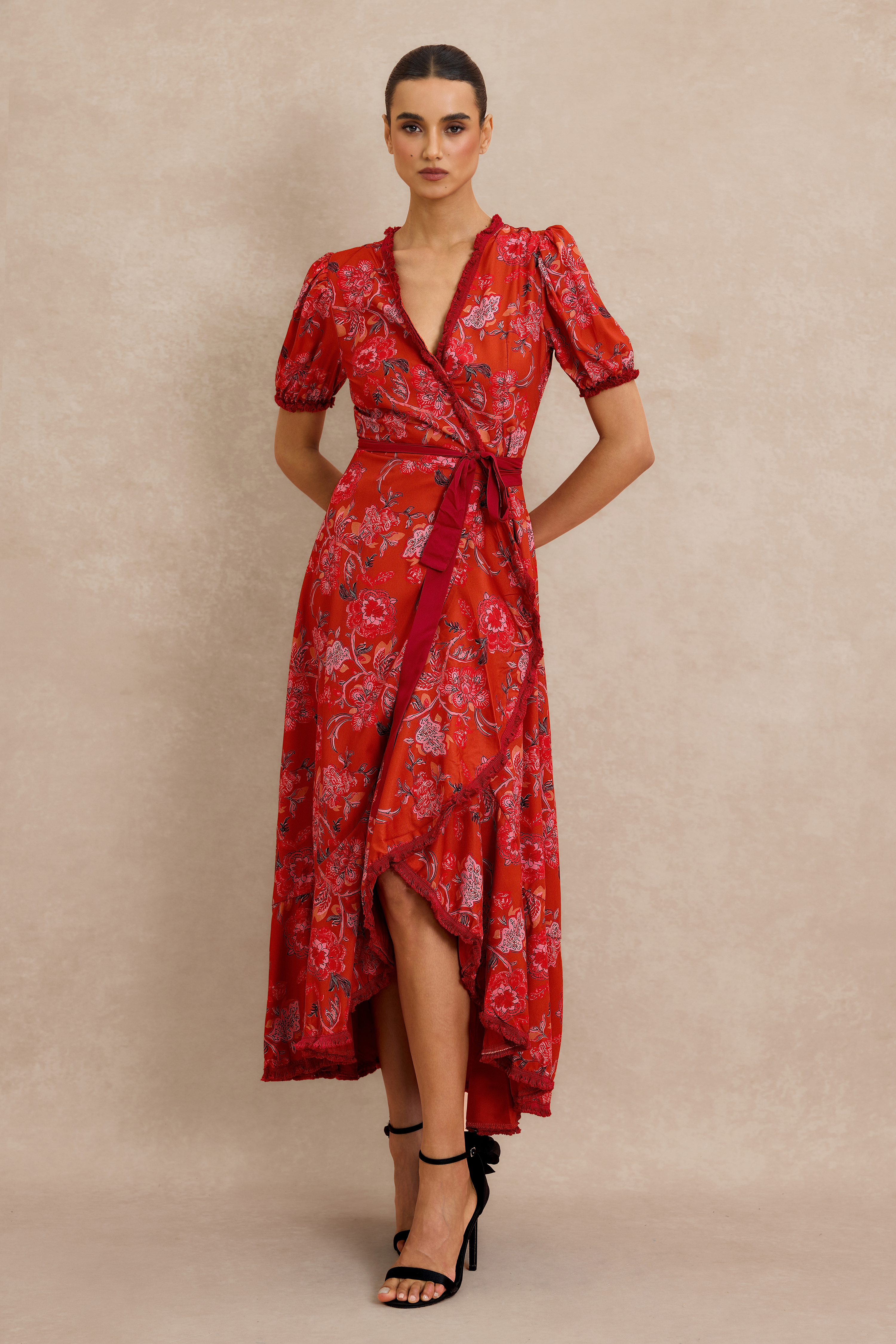 Floral Tassel Puff Sleeve Midi Wrap Dress