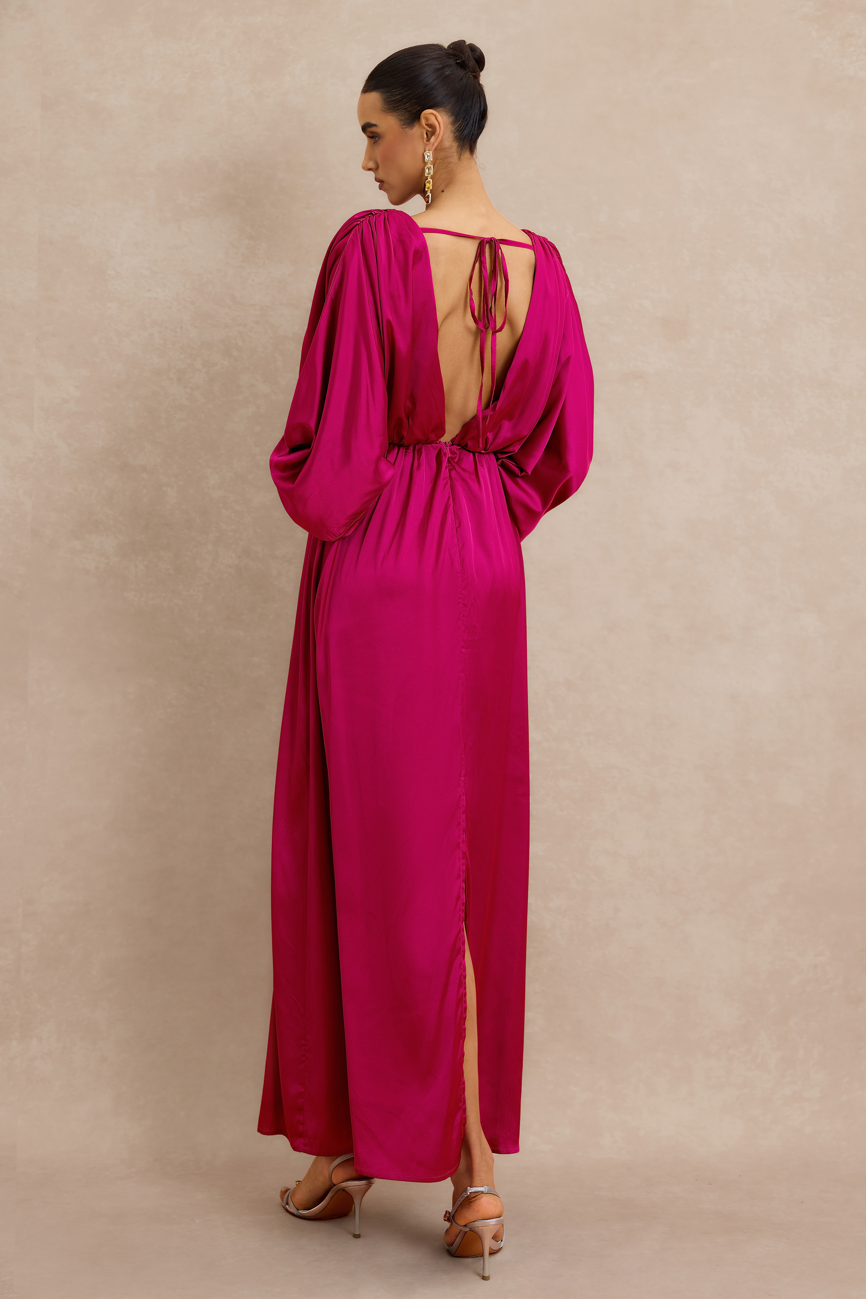 Wrap Front Balloon Sleeve V Neck Gatnering Midi Dress