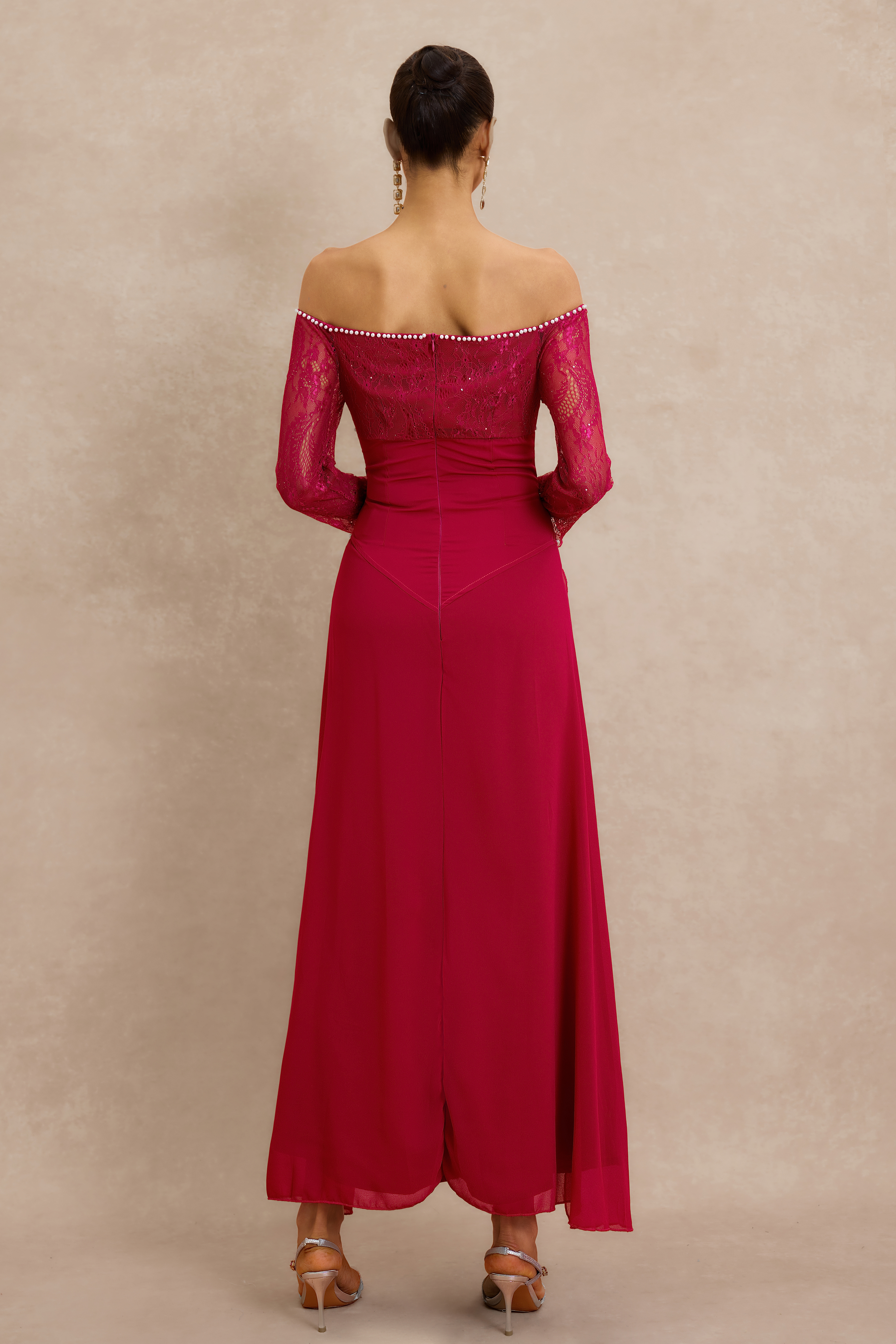 Lace Faux Pearl Off Shoulder Midi Dress