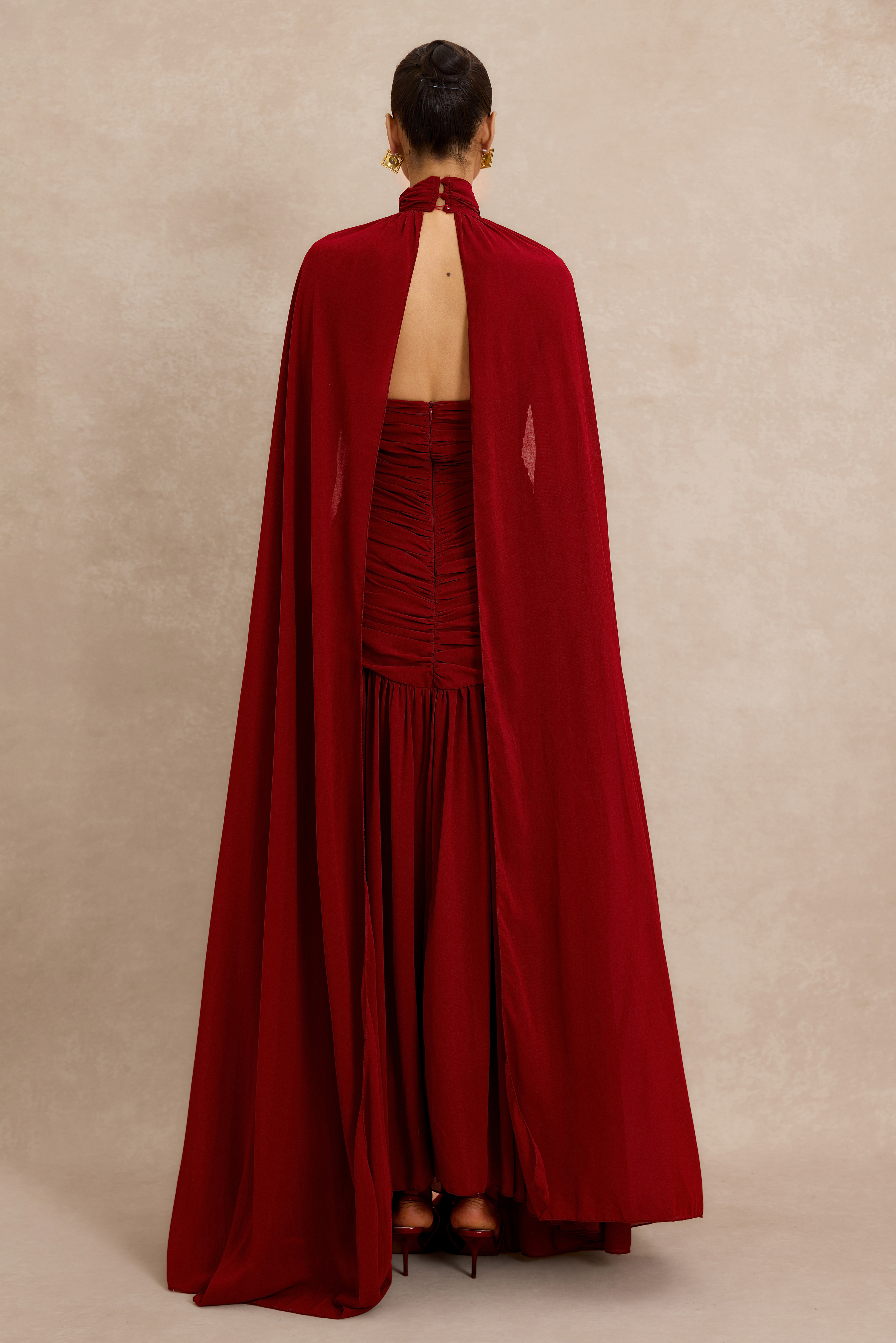 Gathering High Neck Cape Maxi Dress
