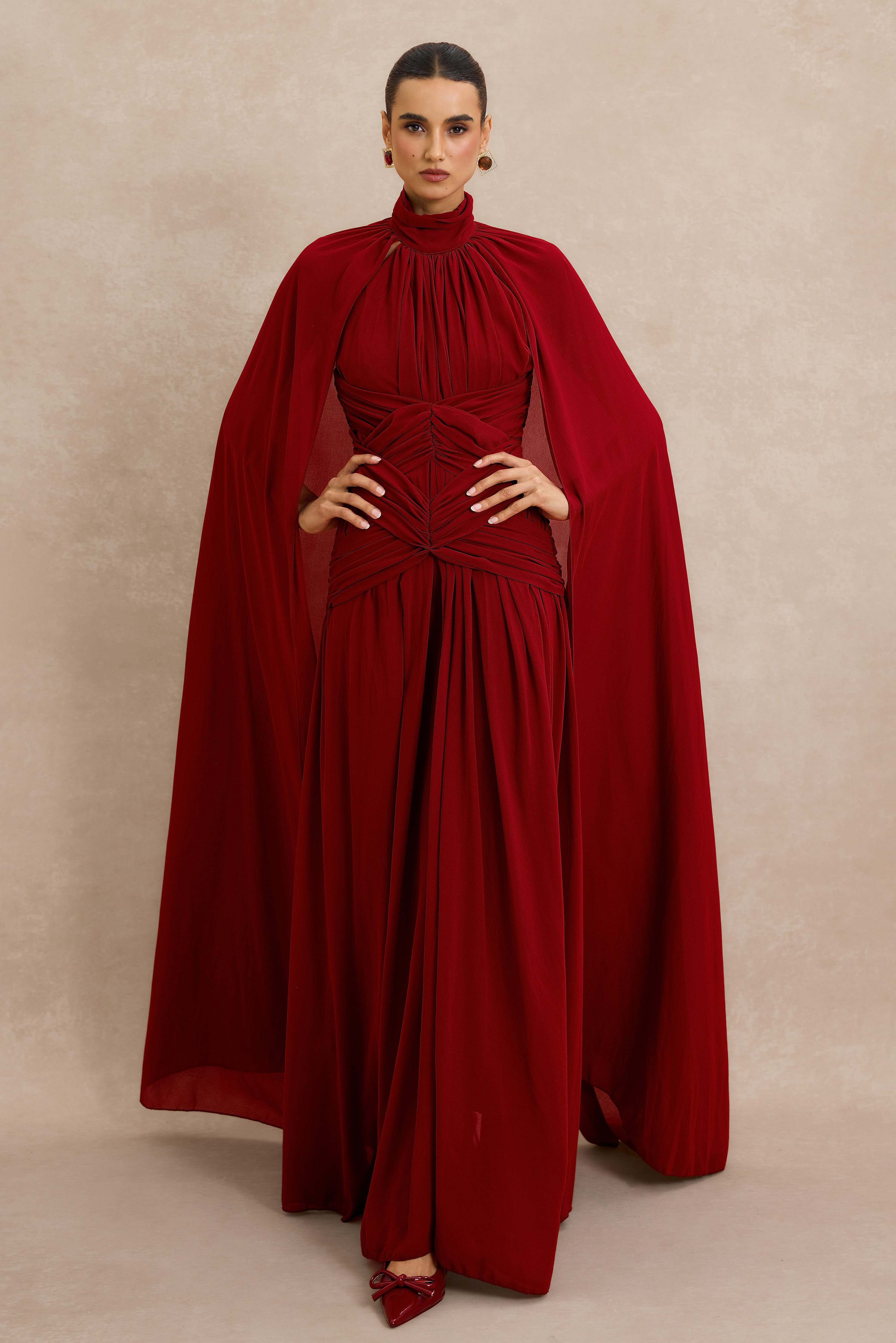 Gathering High Neck Cape Maxi Dress