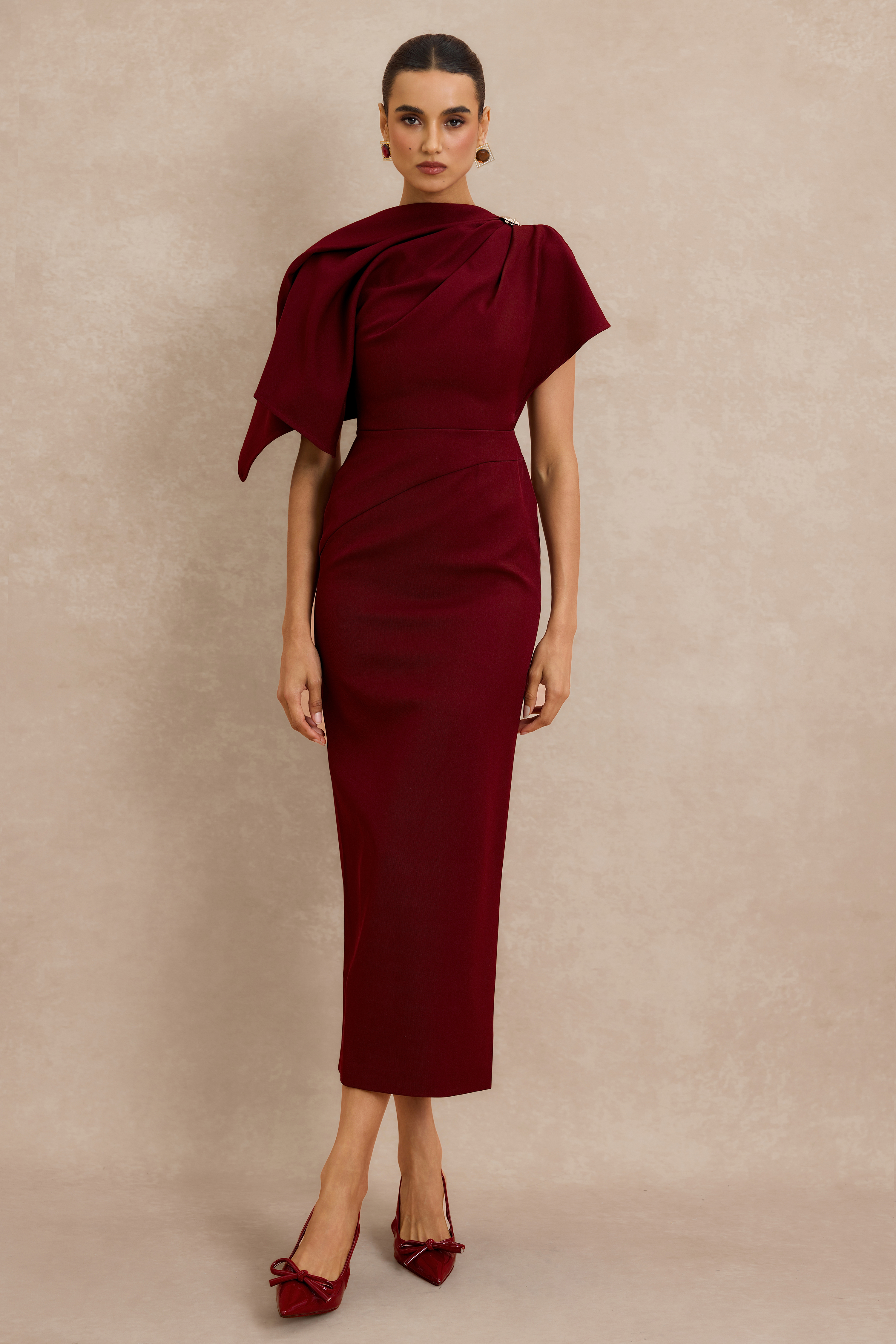 Metal Decorations Asymmetrical Sleeve Midi Dress