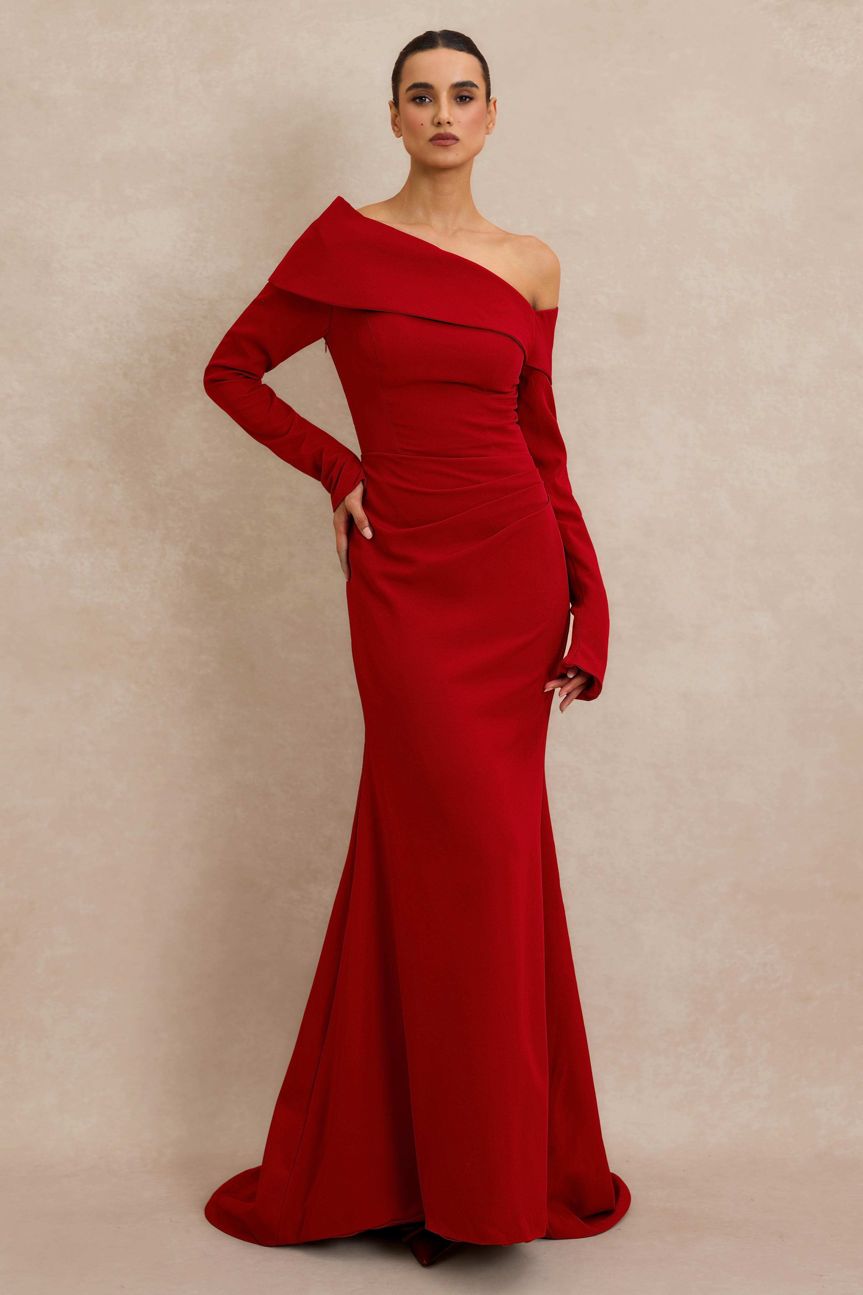 Solid Off-Shoulder Long Sleeve Maxi Dress